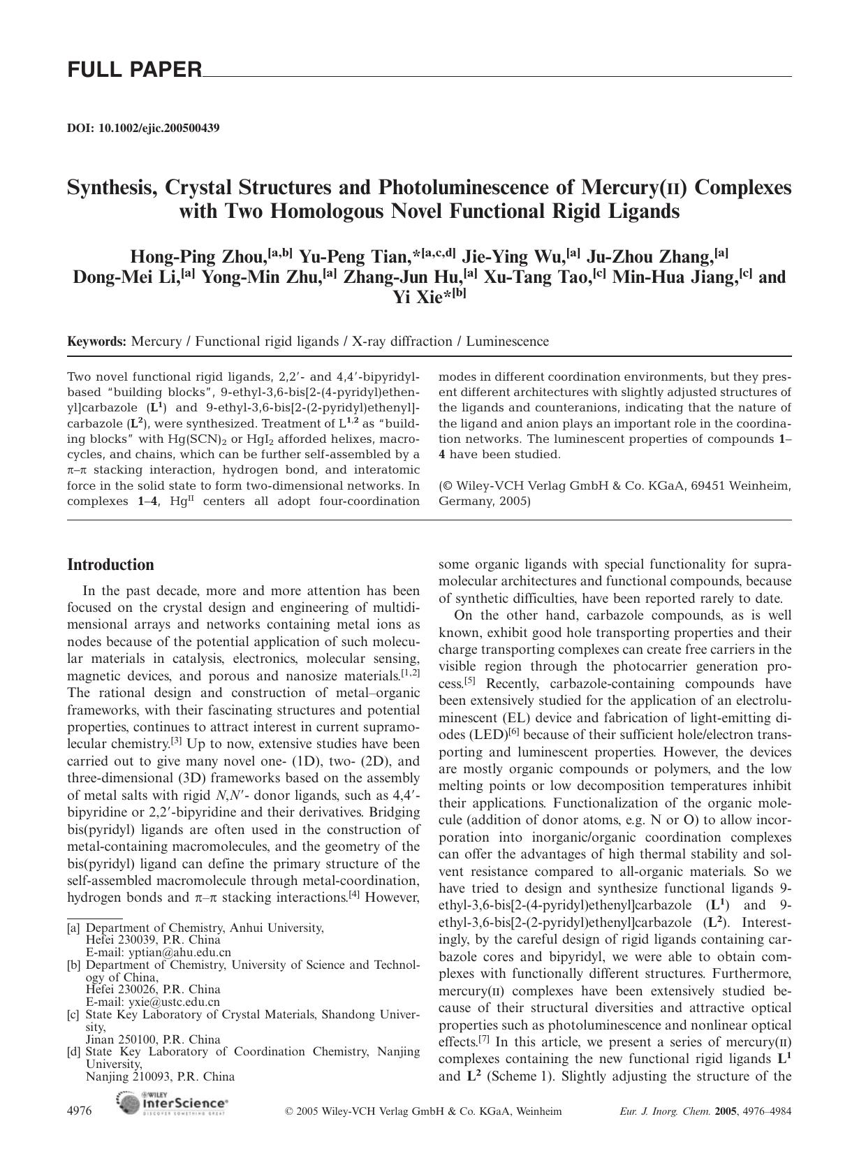 Synthesis, Crystal Structures and Photoluminescence of Mercury(II) Complexes with Two Homologous Novel Functional Rigid Ligands by Unknown