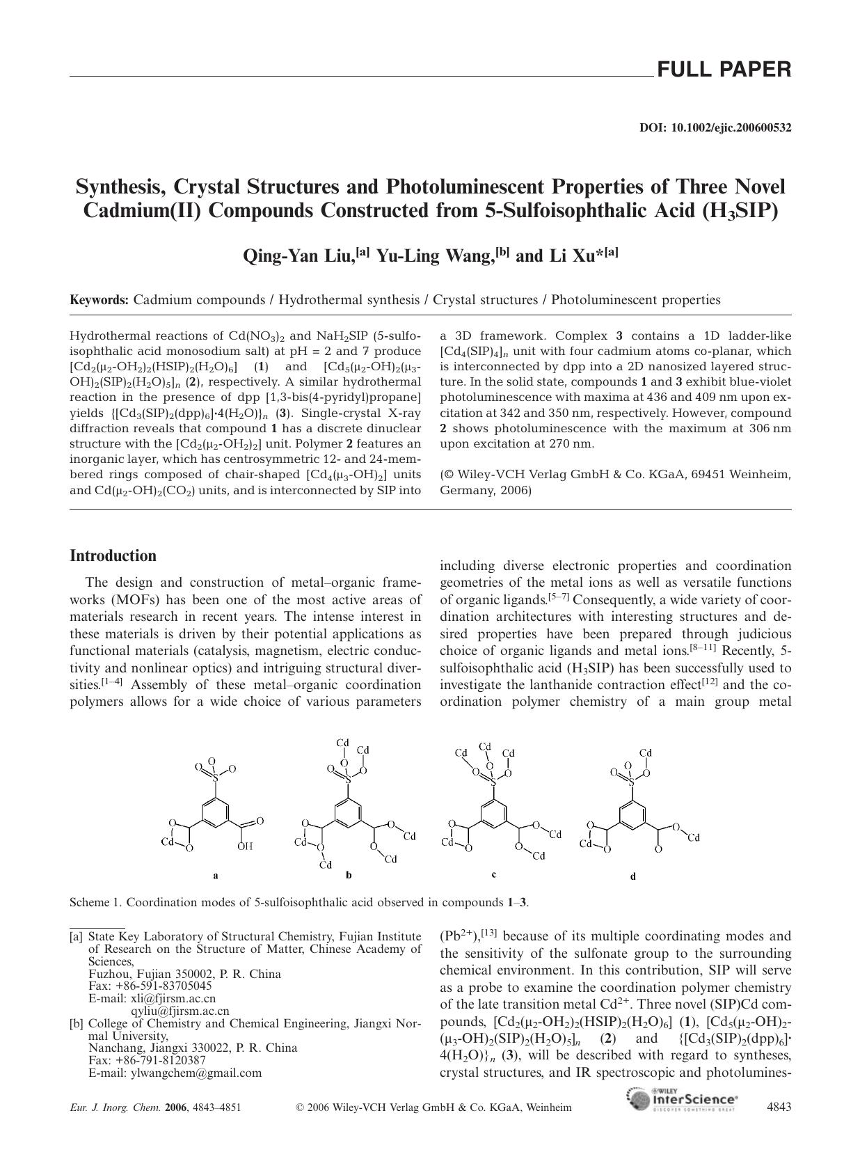Synthesis, Crystal Structures and Photoluminescent Properties of Three Novel Cadmium(II) Compounds Constructed from 5-Sulfoisophthalic Acid (H3SIP) by Unknown