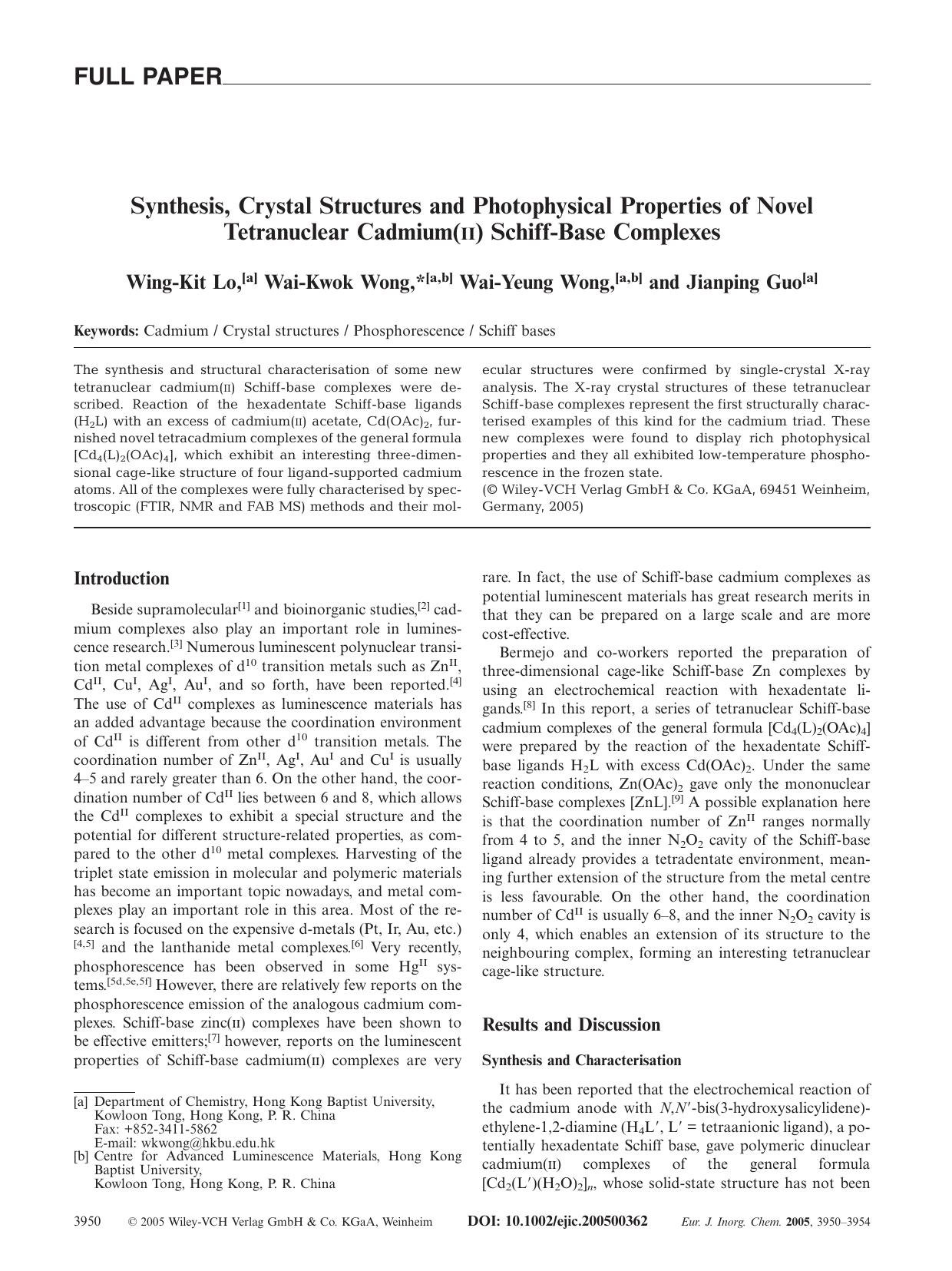 Synthesis, Crystal Structures and Photophysical Properties of Novel Tetranuclear Cadmium(II) Schiff-Base Complexes by Unknown