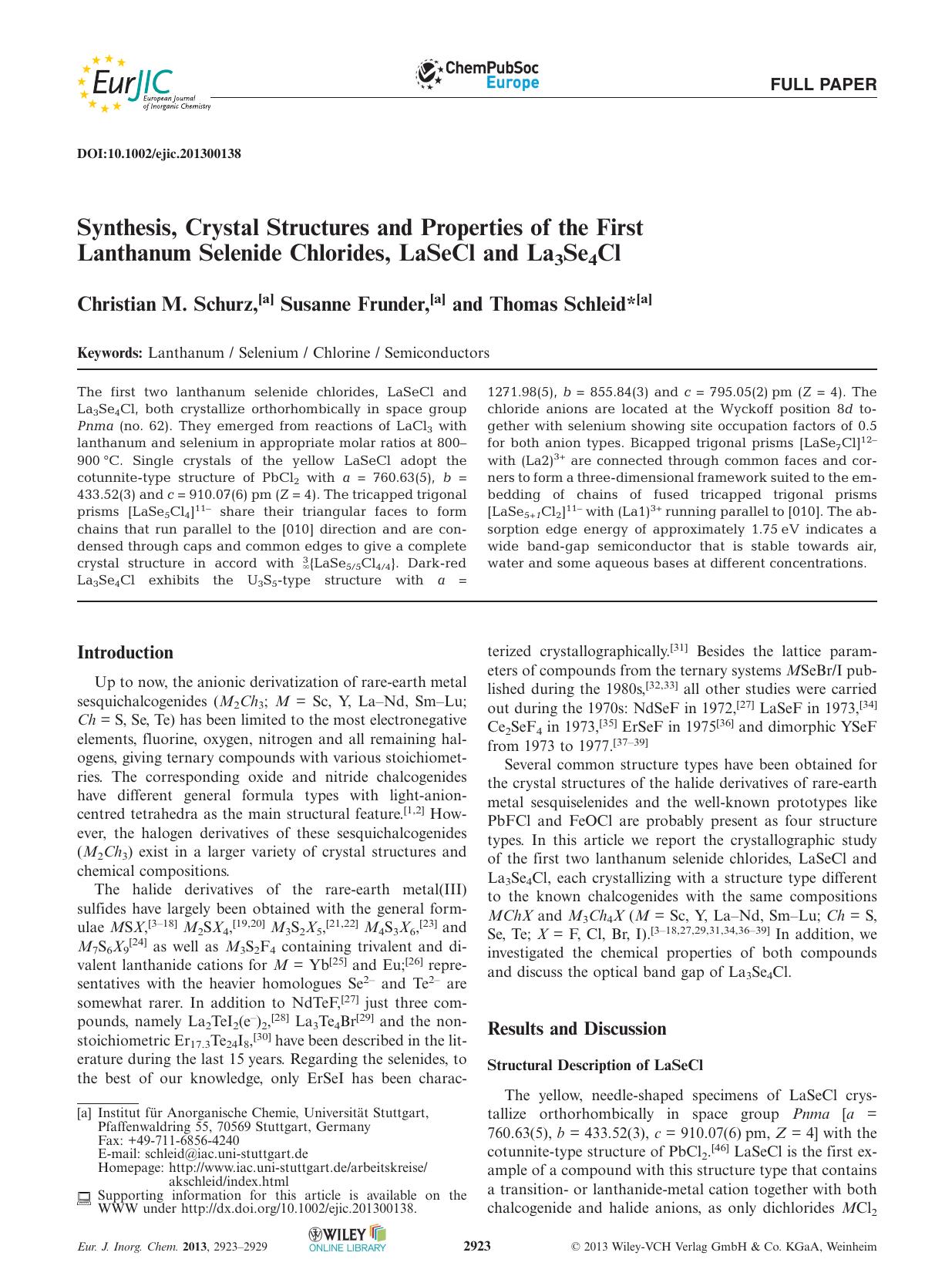 Synthesis, Crystal Structures and Properties of the First Lanthanum Selenide Chlorides, LaSeCl and La3Se4Cl by Unknown