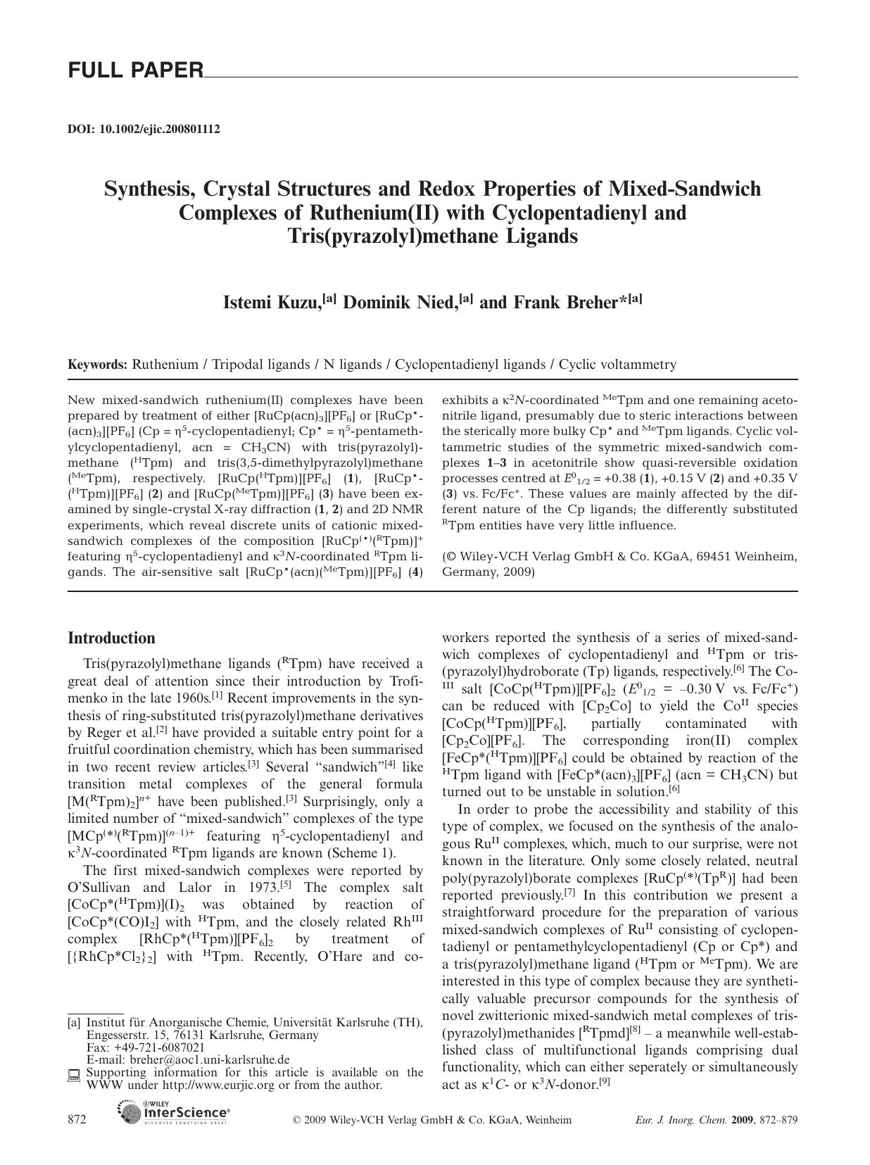 Synthesis, Crystal Structures and Redox Properties of Mixed-Sandwich Complexes of Ruthenium(II) with Cyclopentadienyl and Tris(pyrazolyl)methane Ligands by Unknown