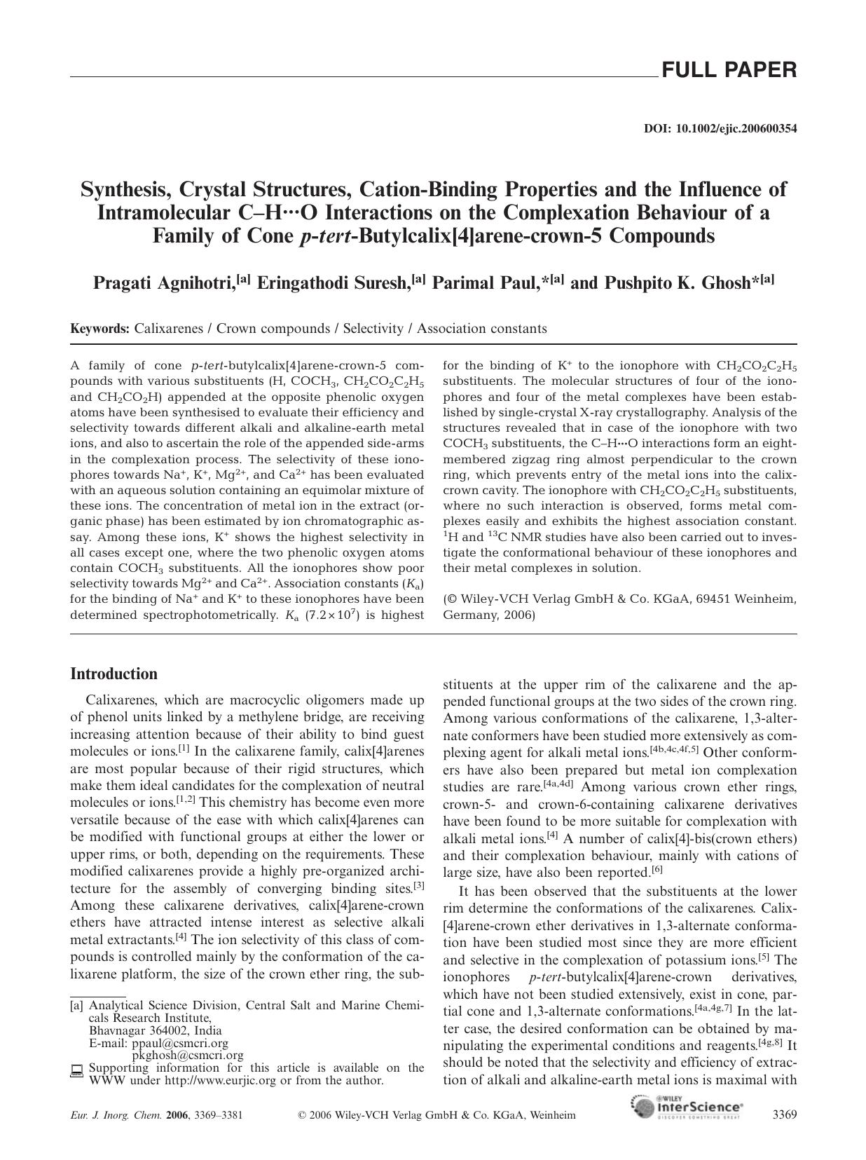 Synthesis, Crystal Structures, Cation-Binding Properties and the Influence of Intramolecular C-HÂ·Â·Â·O Interactions on the Complexation Behaviour of a Family of Cone p-tert-Butylc by Unknown