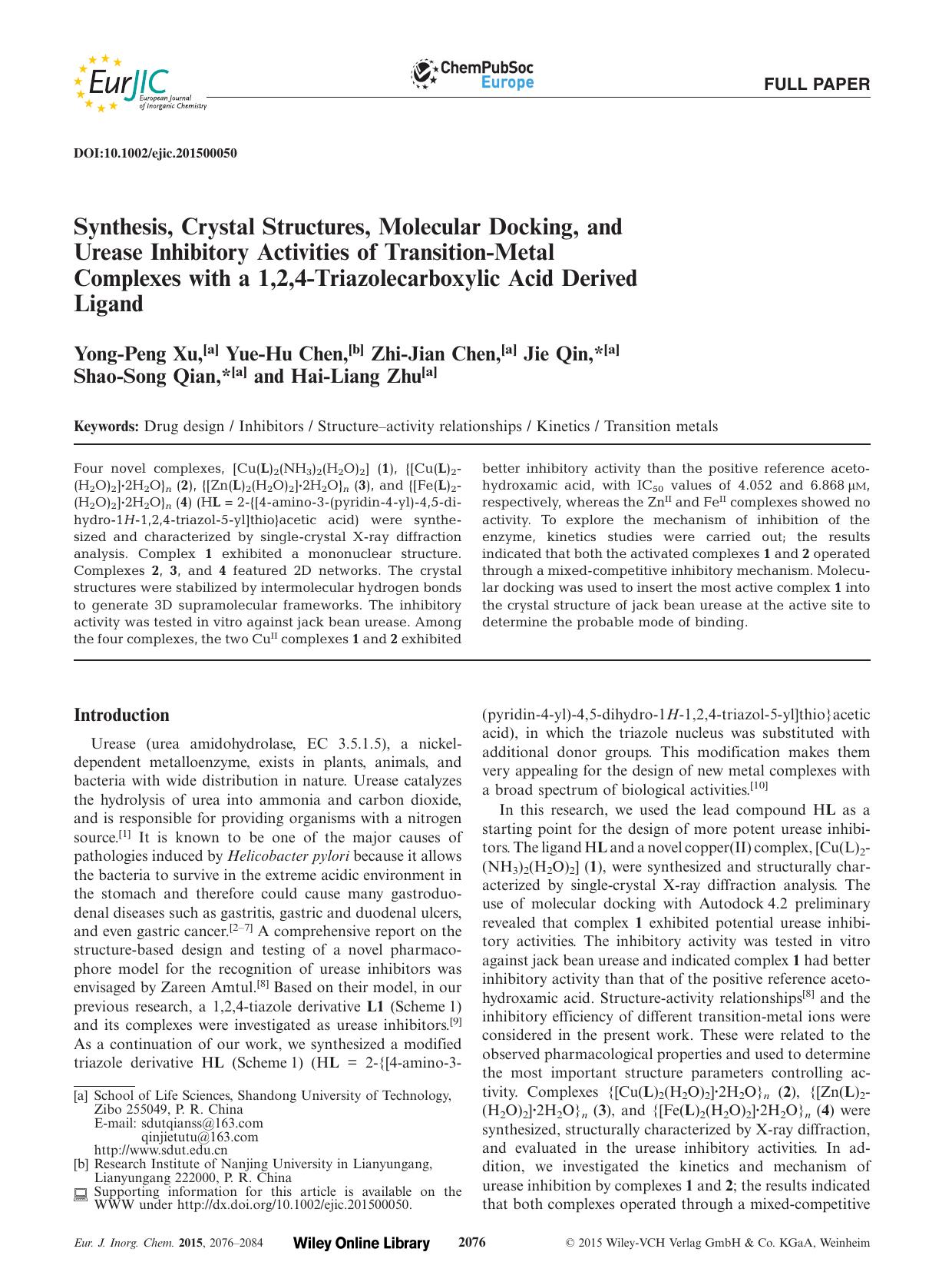 Synthesis, Crystal Structures, Molecular Docking, and Urease Inhibitory Activities of TransitionMetal Complexes with a 1,2,4Triazolecarboxylic Acid Derived Ligand by Unknown