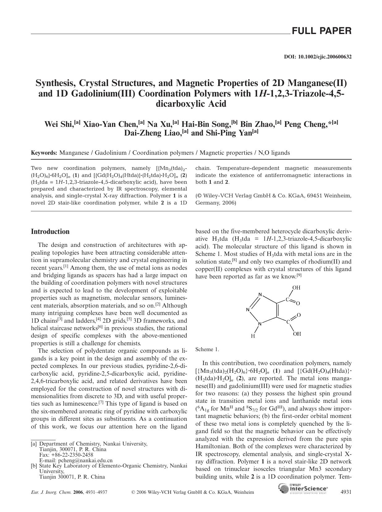 Synthesis, Crystal Structures, and Magnetic Properties of 2D Manganese(II) and 1D Gadolinium(III) Coordination Polymers with 1H-1,2,3-Triazole-4,5-dicarboxylic Acid by Unknown