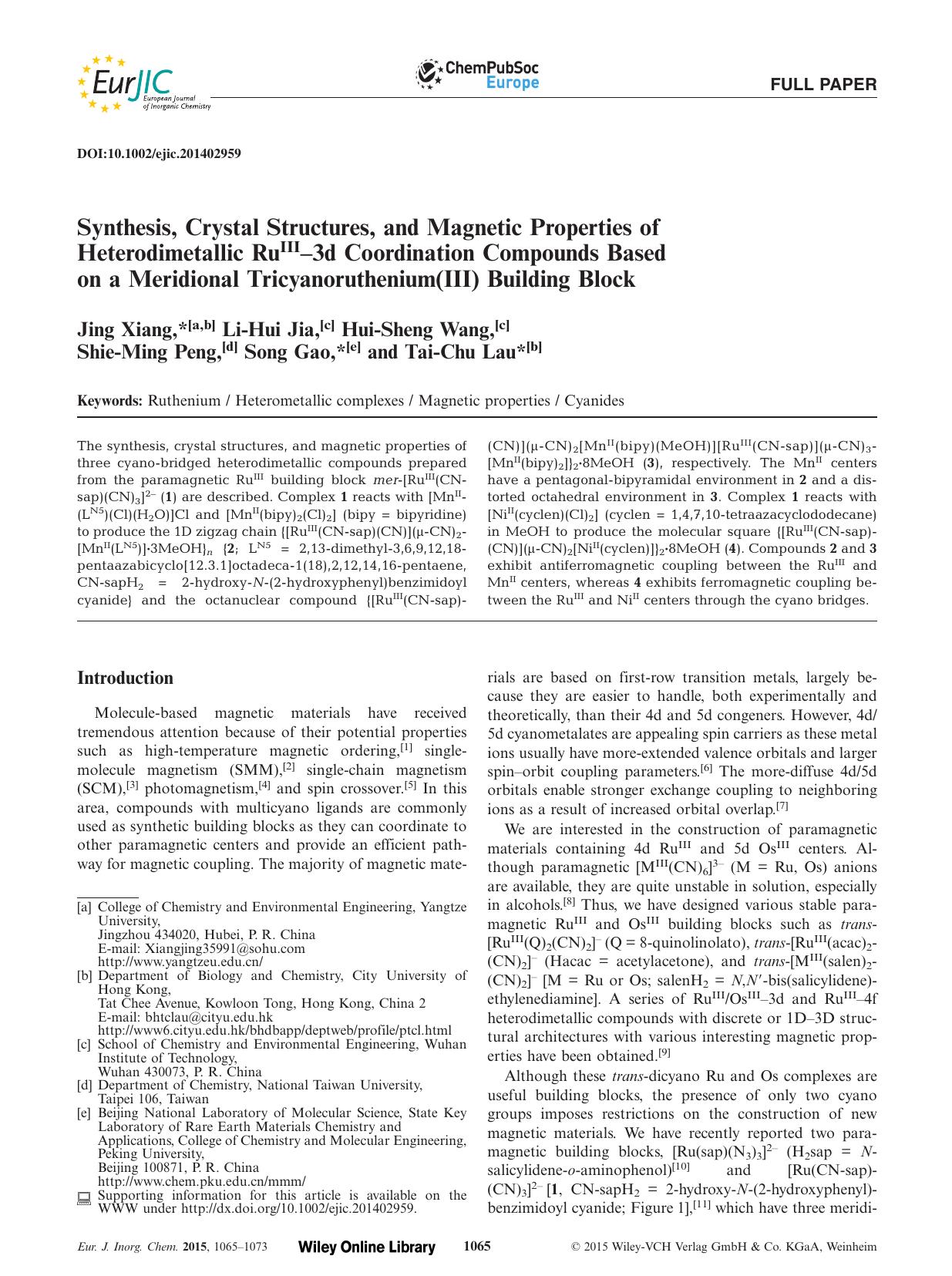 Synthesis, Crystal Structures, and Magnetic Properties of Heterodimetallic RuIII3d Coordination Compounds Based on a Meridional Tricyanoruthenium(III) Building Block by Unknown