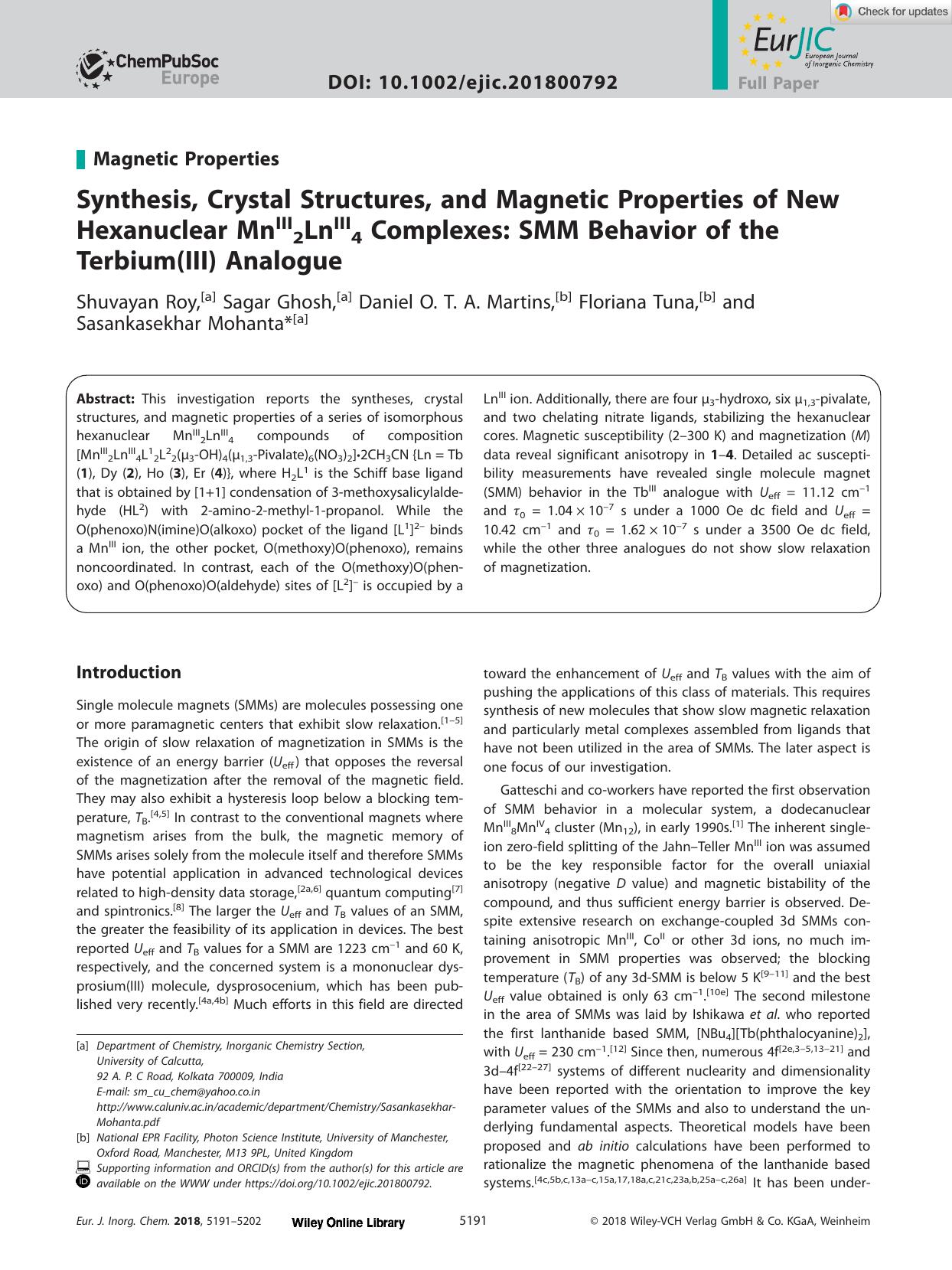 Synthesis, Crystal Structures, and Magnetic Properties of New Hexanuclear MnIII2LnIII4 Complexes: SMM Behavior of the Terbium(III) Analogue by Unknown