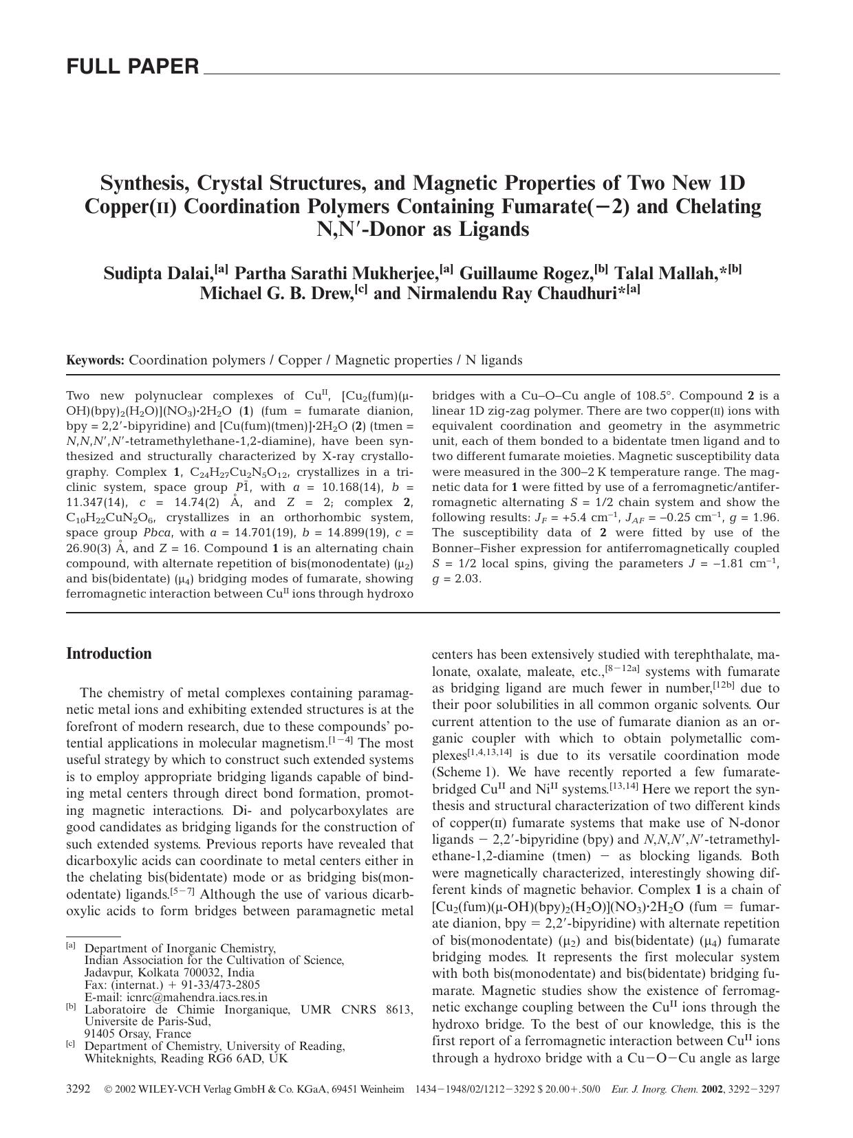 Synthesis, Crystal Structures, and Magnetic Properties of Two New 1D Copper(II) Coordination Polymers Containing Fumarate(-2) and Chelating N,N[prime]-Donor as Ligands by Unknown