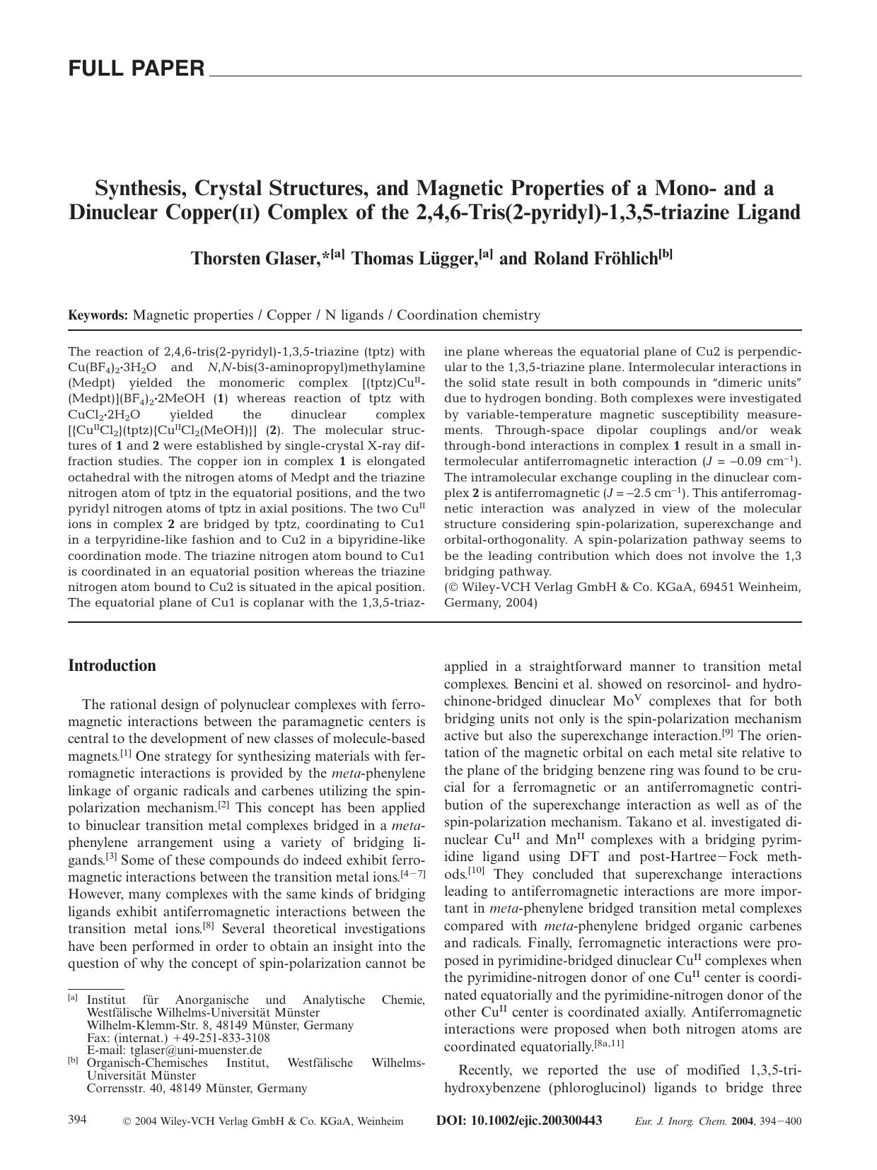 Synthesis, Crystal Structures, and Magnetic Properties of a Mono- and a Dinuclear Copper(II) Complex of the 2,4,6-Tris(2-pyridyl)-1,3,5-triazine Ligand by Unknown