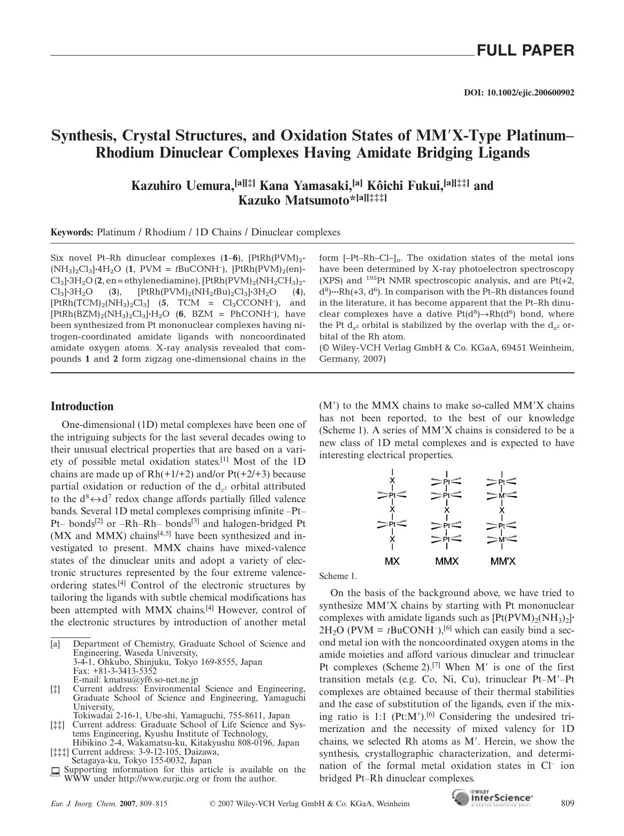 Synthesis, Crystal Structures, and Oxidation States of MM[prime]X-Type Platinum-Rhodium Dinuclear Complexes Having Amidate Bridging Ligands by Unknown