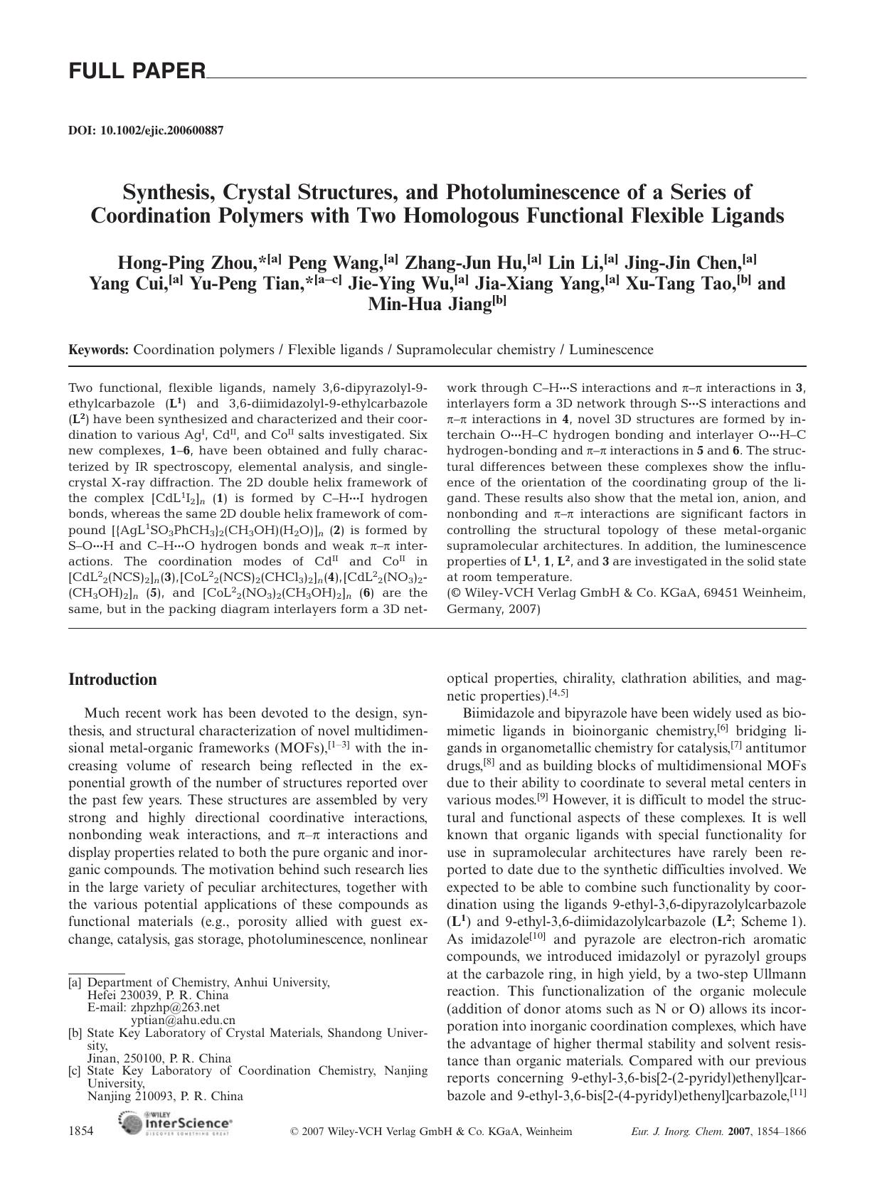 Synthesis, Crystal Structures, and Photoluminescence of a Series of Coordination Polymers with Two Homologous Functional Flexible Ligands by Unknown
