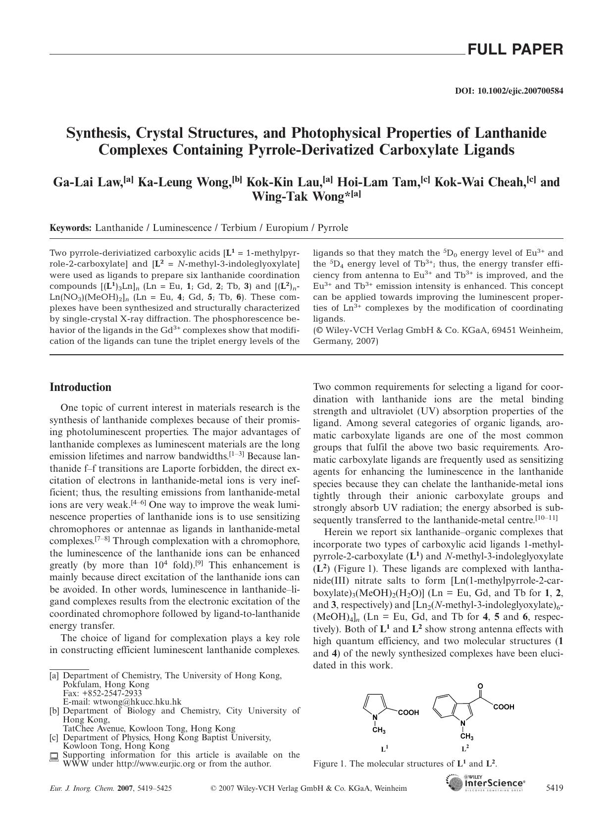 Synthesis, Crystal Structures, and Photophysical Properties of Lanthanide Complexes Containing Pyrrole-Derivatized Carboxylate Ligands by Unknown