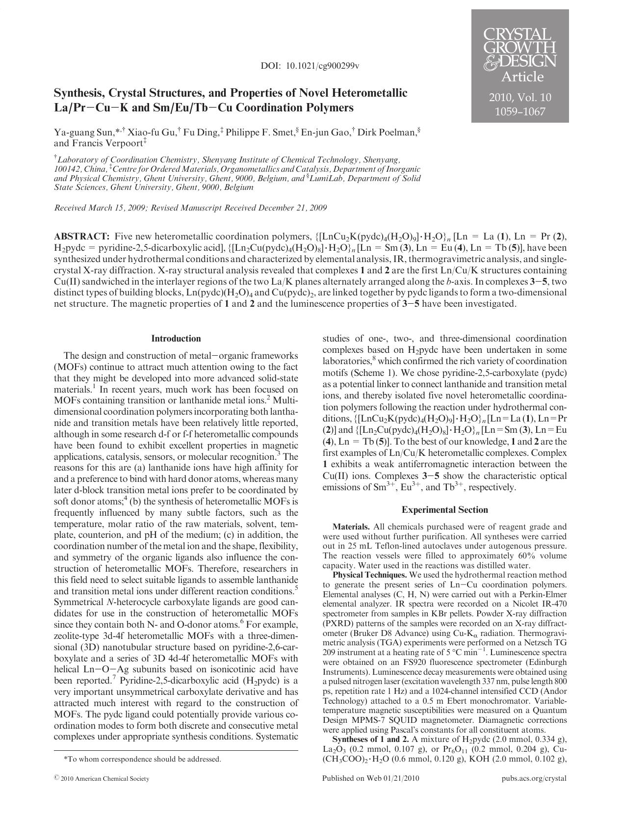 Synthesis, Crystal Structures, and Properties of Novel Heterometallic LaPrCuK and SmEuTbCu Coordination Polymers by Unknown