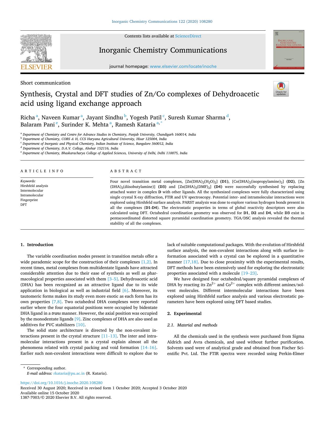 Synthesis, Crystal and DFT studies of ZnCo complexes of Dehydroacetic acid using ligand exchange approach by Richa
