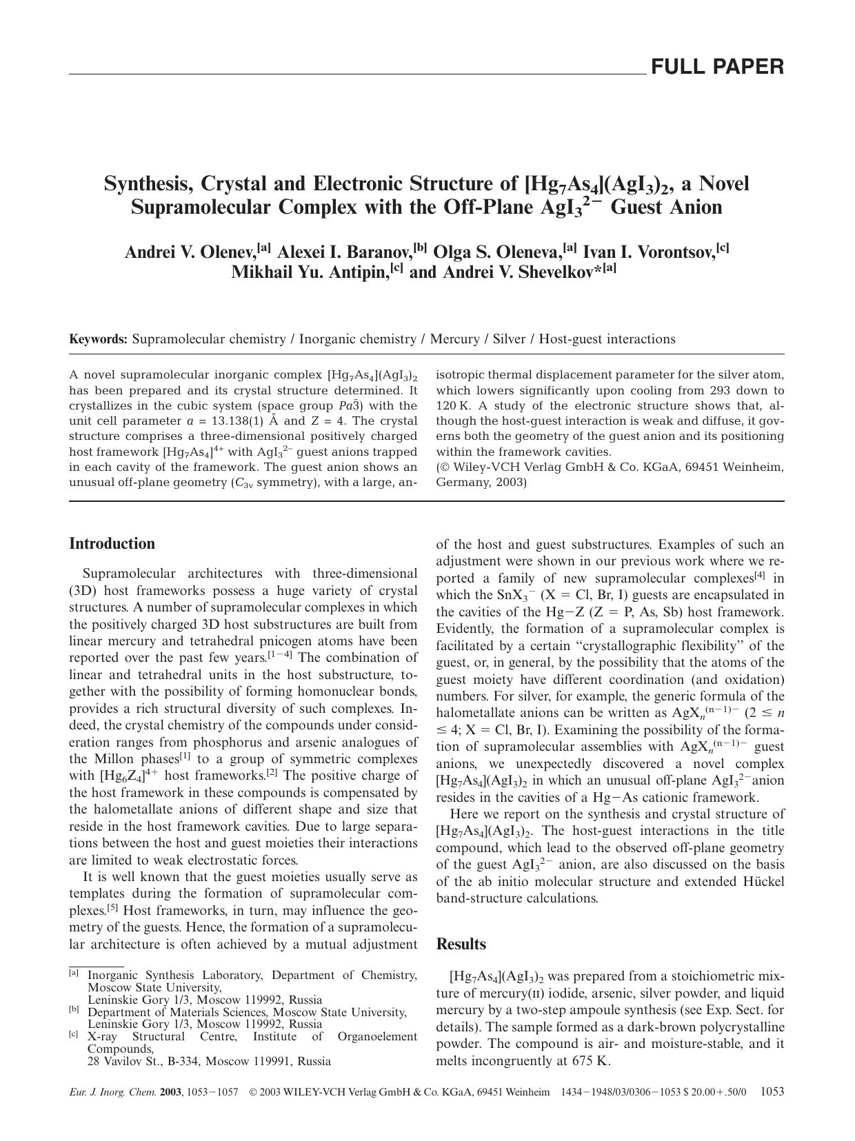 Synthesis, Crystal and Electronic Structure of [Hg7As4](AgI3)2, a Novel Supramolecular Complex with the Off-Plane AgI32- Guest Anion by Unknown