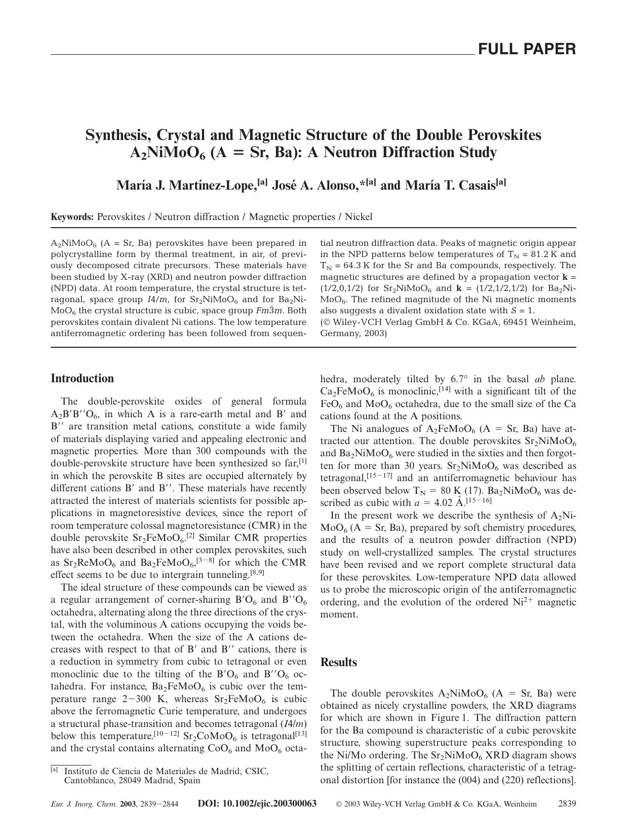 Synthesis, Crystal and Magnetic Structure of the Double Perovskites A2NiMoO6 (A = Sr, Ba): A Neutron Diffraction Study by Unknown