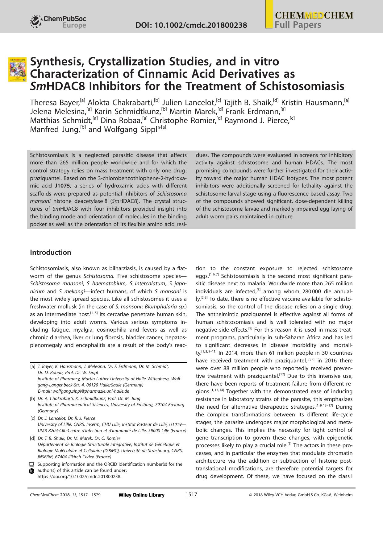 Synthesis, Crystallization Studies, and in vitro Characterization of Cinnamic Acid Derivatives as SmHDAC8 Inhibitors for the Treatment of Schistosomiasis by Unknown