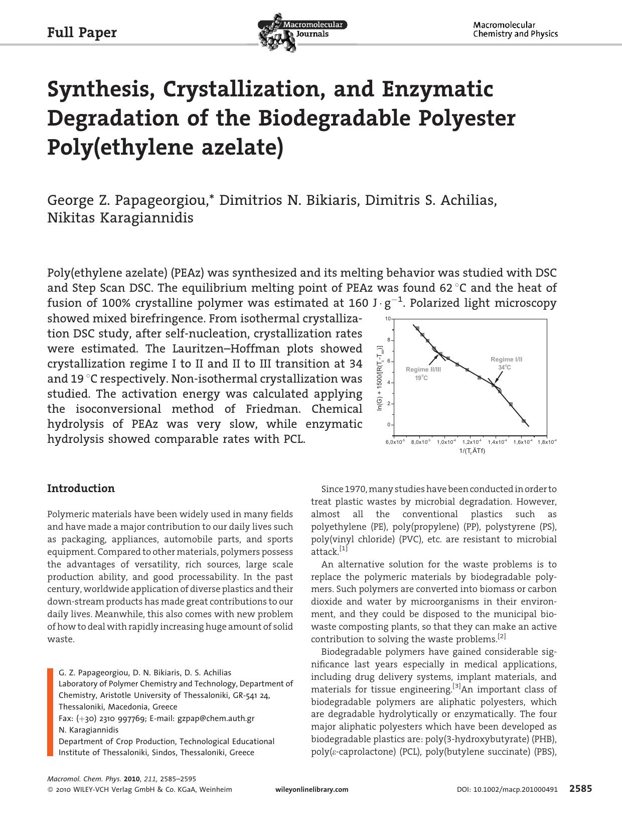 Synthesis, Crystallization, and Enzymatic Degradation of the Biodegradable Polyester Poly(ethylene azelate) by unknow