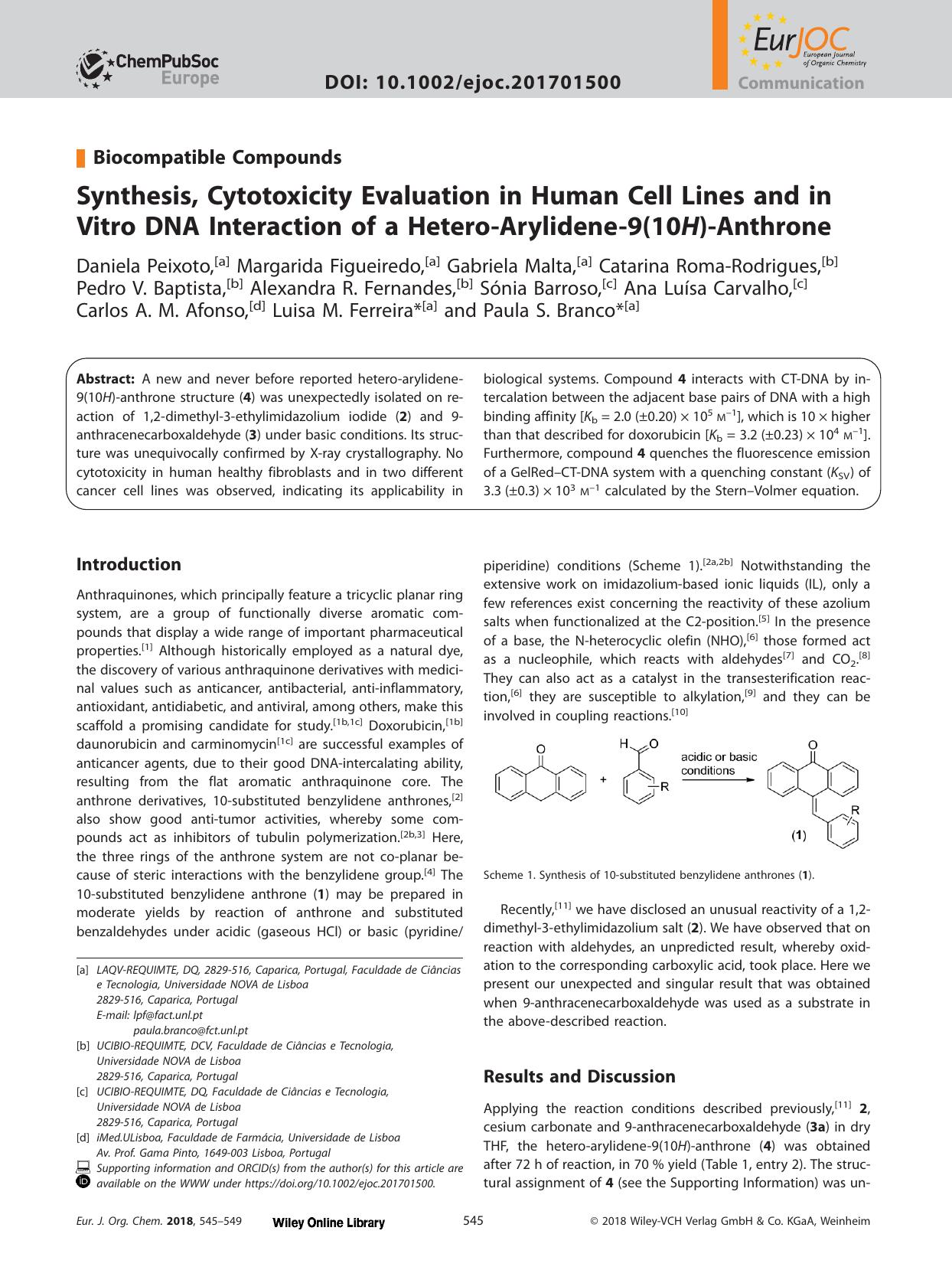 Synthesis, Cytotoxicity Evaluation in Human Cell Lines and in Vitro DNA Interaction of a Hetero‐Arylidene‐9(10<i>H<i>)‐Anthrone by Unknown