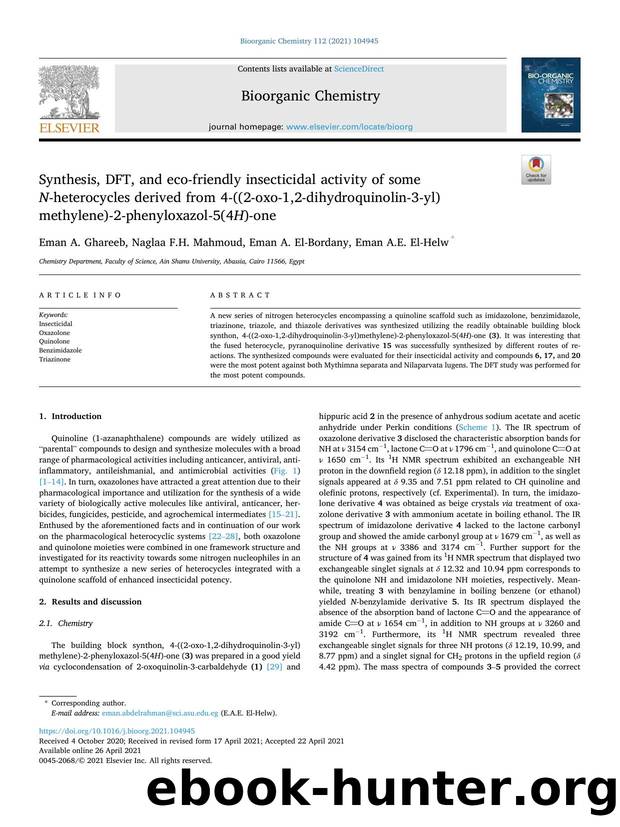 Synthesis, DFT, and eco-friendly insecticidal activity of some N -heterocycles derived from 4-((2-oxo-1,2-dihydroquinolin-3-yl)methylene)-2-phenyloxazol-5(4 H )-one by Eman A. Ghareeb