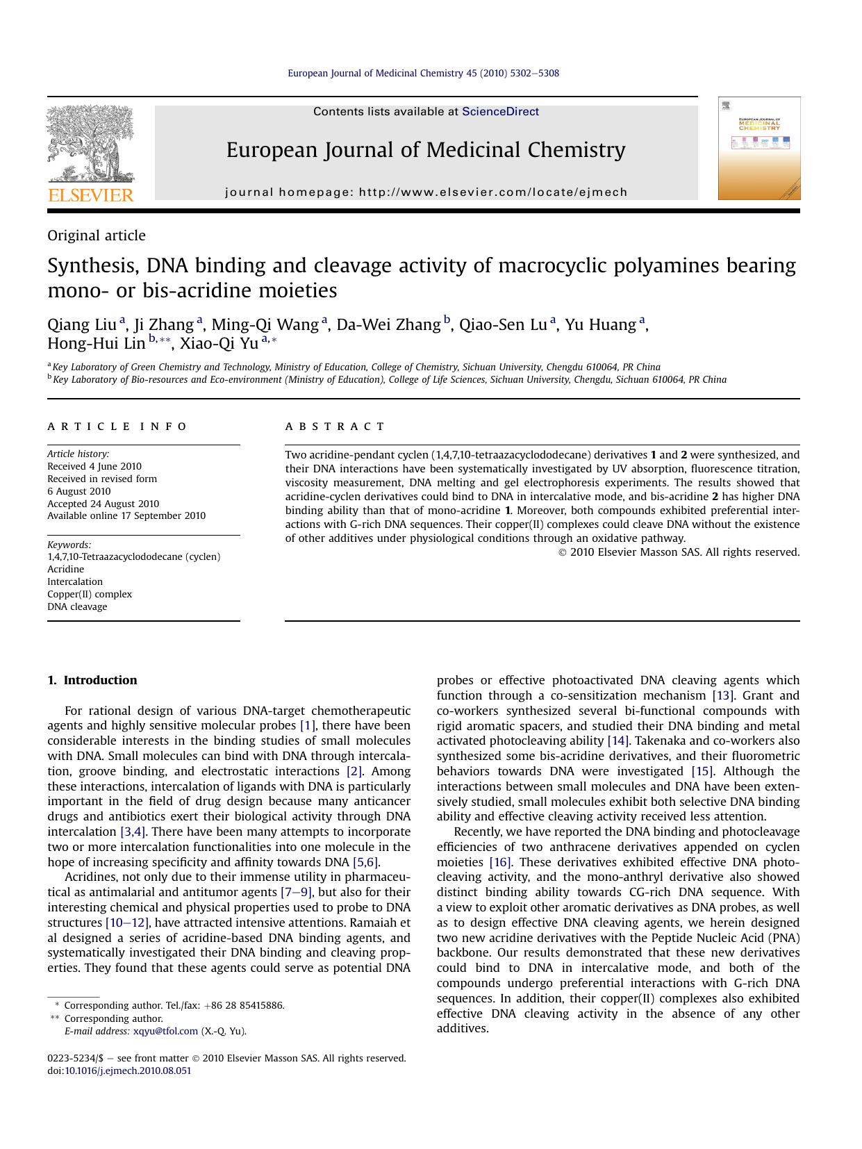 Synthesis, DNA binding and cleavage activity of macrocyclic polyamines bearing mono- or bis-acridine moieties by unknow