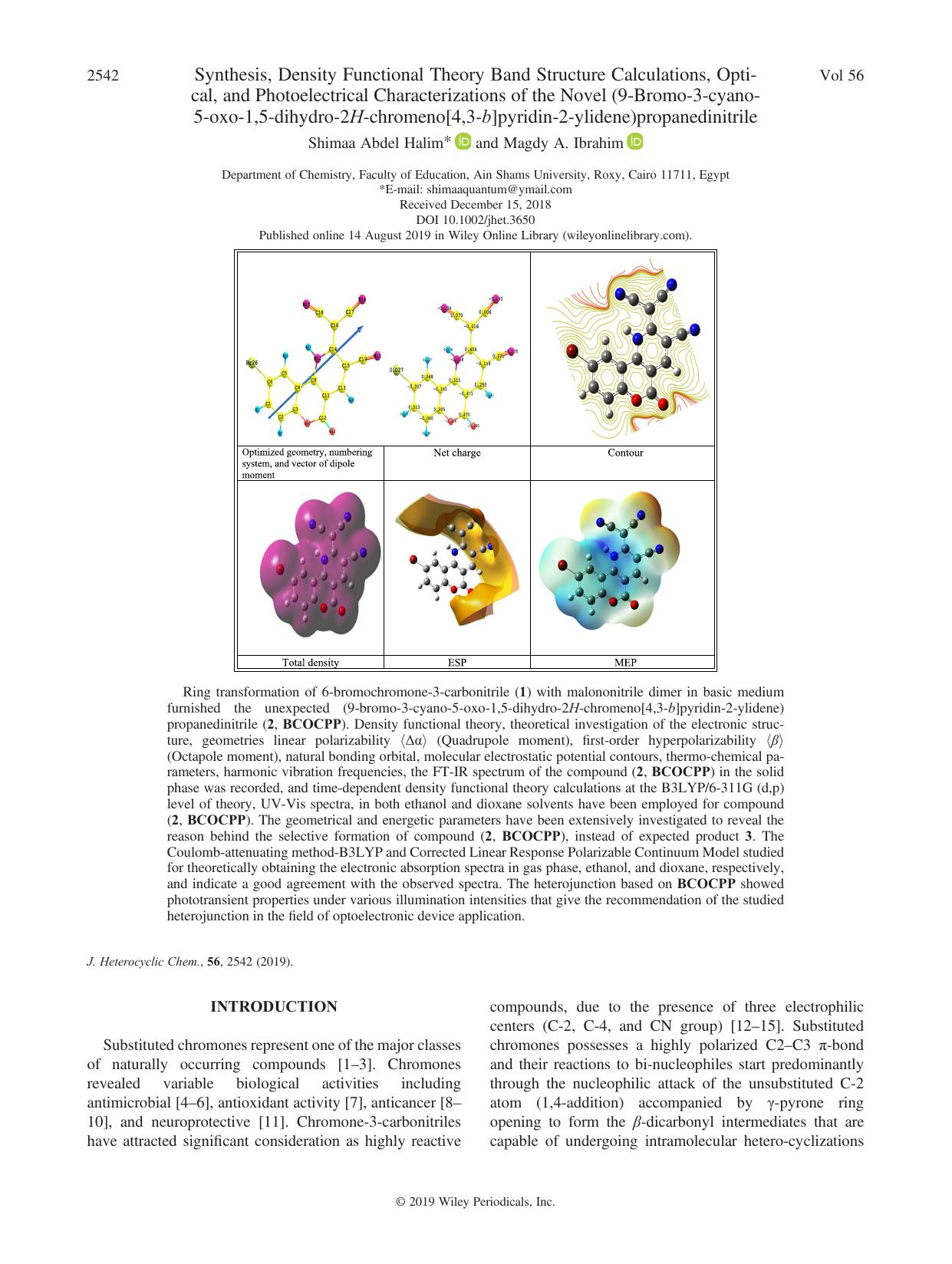 Synthesis, Density Functional Theory Band Structure Calculations, Optical, and Photoelectrical Characterizations of the Novel (9-Bromo-3-cyano-5-oxo-1,5-dihydro-2H-chromeno[4,3-b]p by Shimaa Abdel Halim & Magdy A. Ibrahim