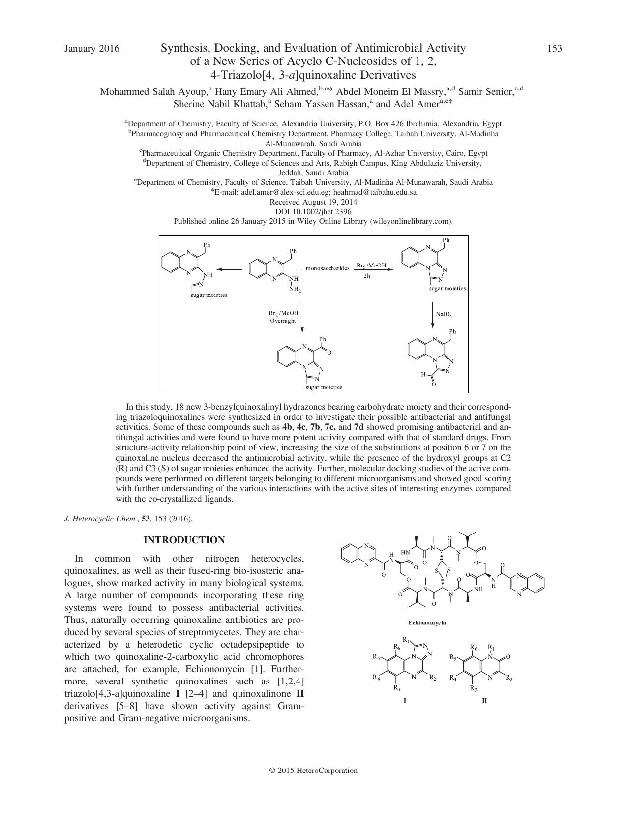 Synthesis, Docking, and Evaluation of Antimicrobial Activity of a New Series of Acyclo C-Nucleosides of 1, 2, 4-Triazolo[4, 3-a]quinoxaline Derivatives by unknow