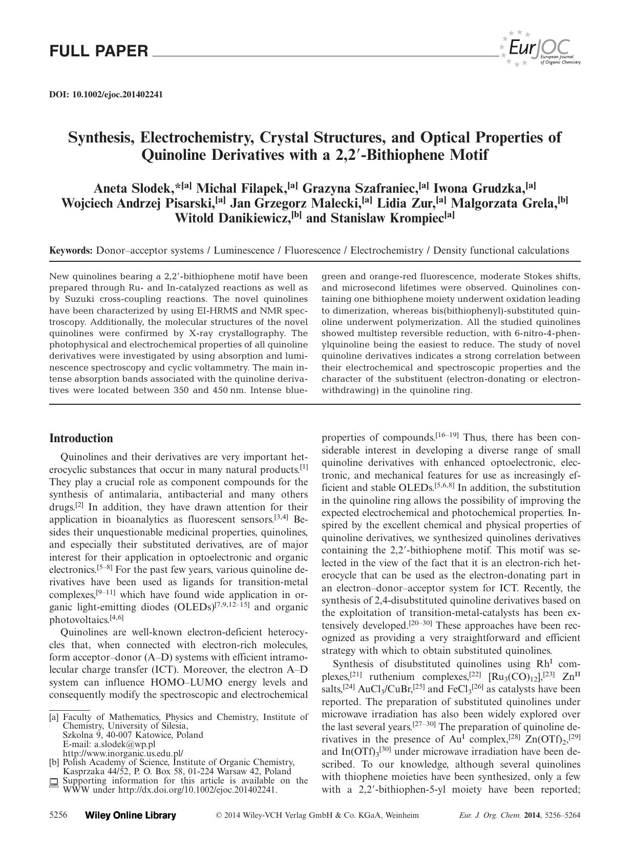 Synthesis, Electrochemistry, Crystal Structures, and Optical Properties of Quinoline Derivatives with a 2,2Bithiophene Motif by Unknown