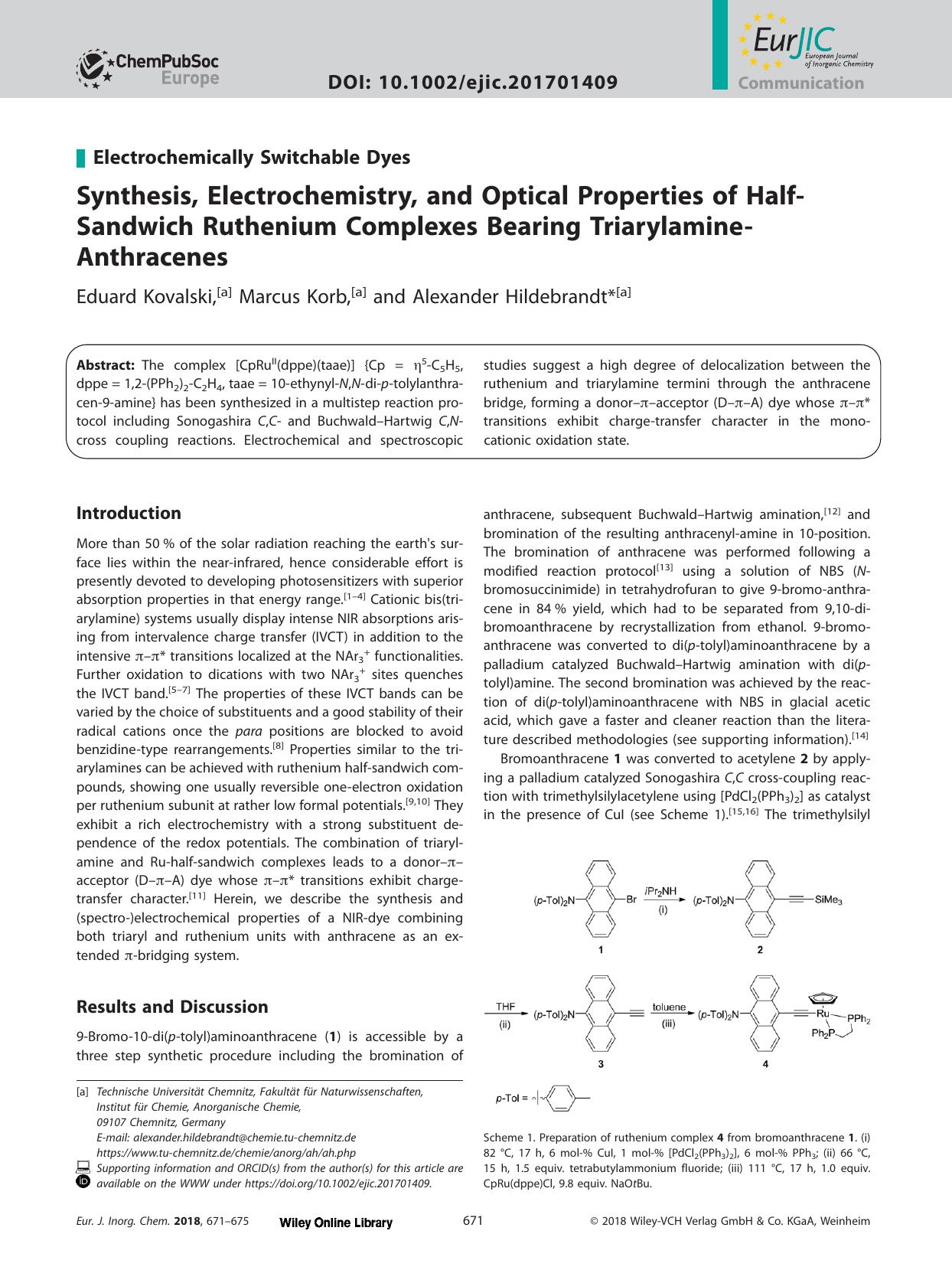 Synthesis, Electrochemistry, and Optical Properties of HalfâSandwich Ruthenium Complexes Bearing TriarylamineâAnthracenes by Unknown