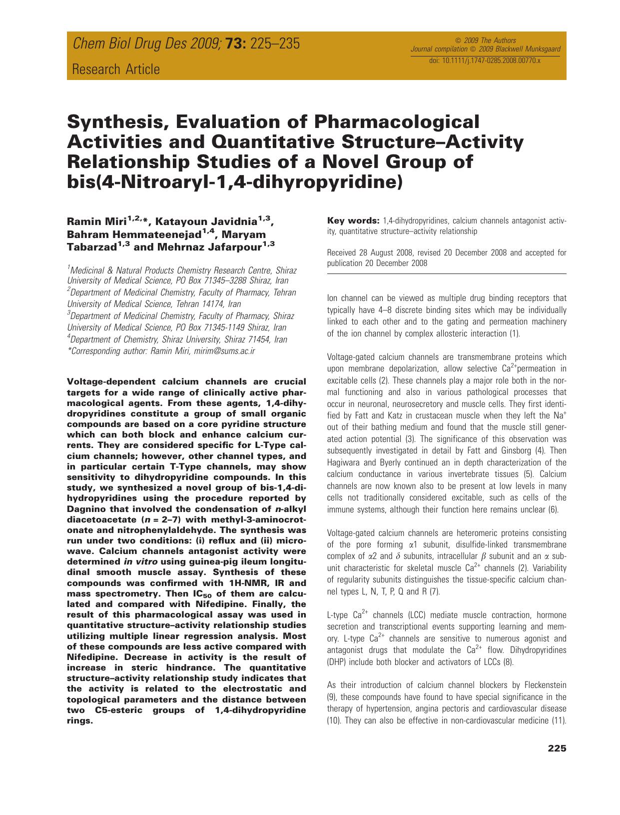 Synthesis, Evaluation of Pharmacological Activities and Quantitative Structure–Activity Relationship Studies of a Novel Group of bis(4-Nitroaryl-1,4-dihyropyridine) by unknow