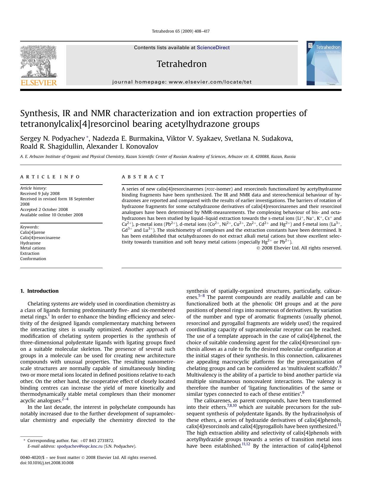 Synthesis, IR and NMR characterization and ion extraction properties of tetranonylcalix[4]resorcinol bearing acetylhydrazone groups by unknow