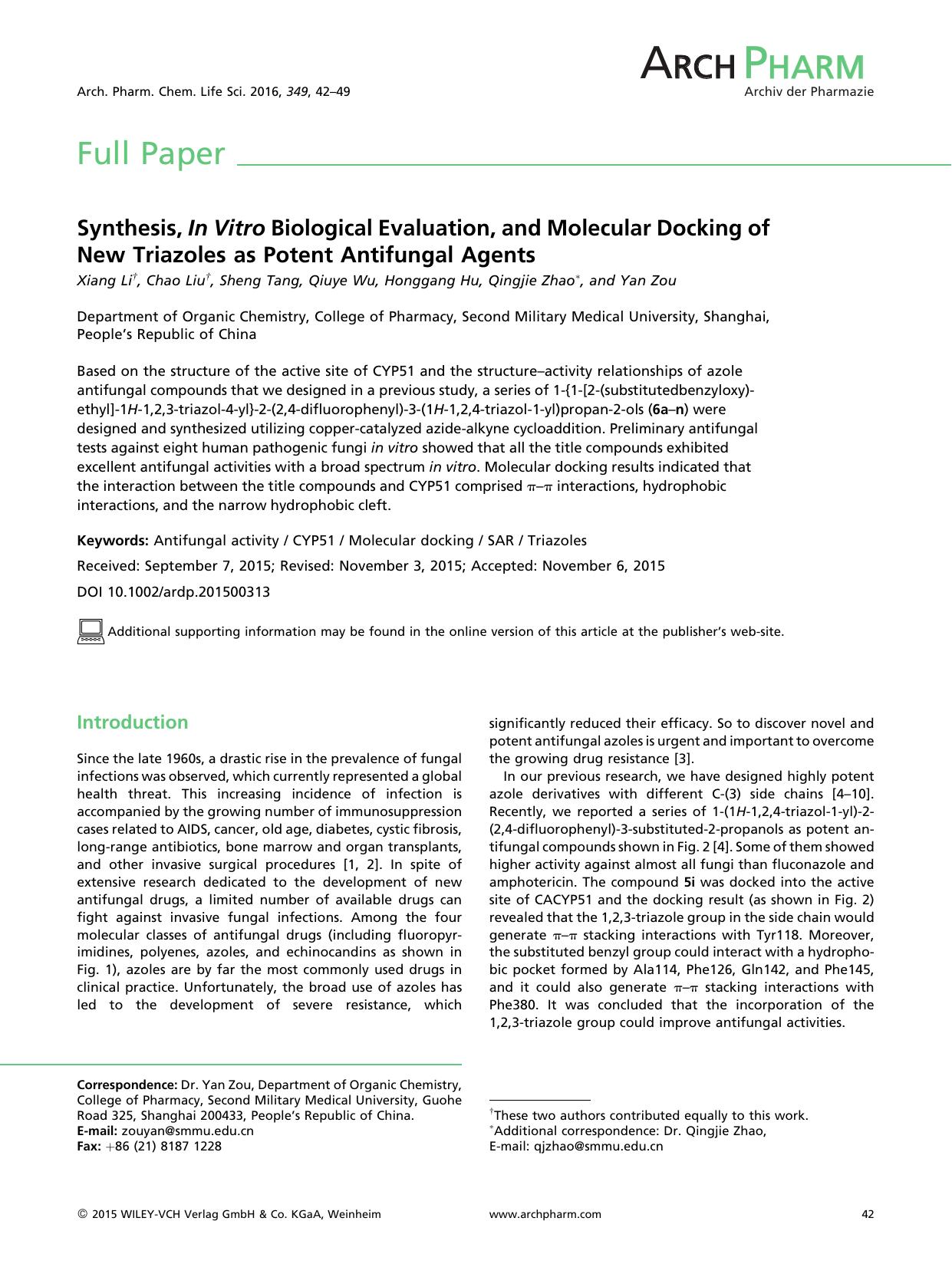 Synthesis, In Vitro Biological Evaluation, and Molecular Docking of New Triazoles as Potent Antifungal Agents by Unknown