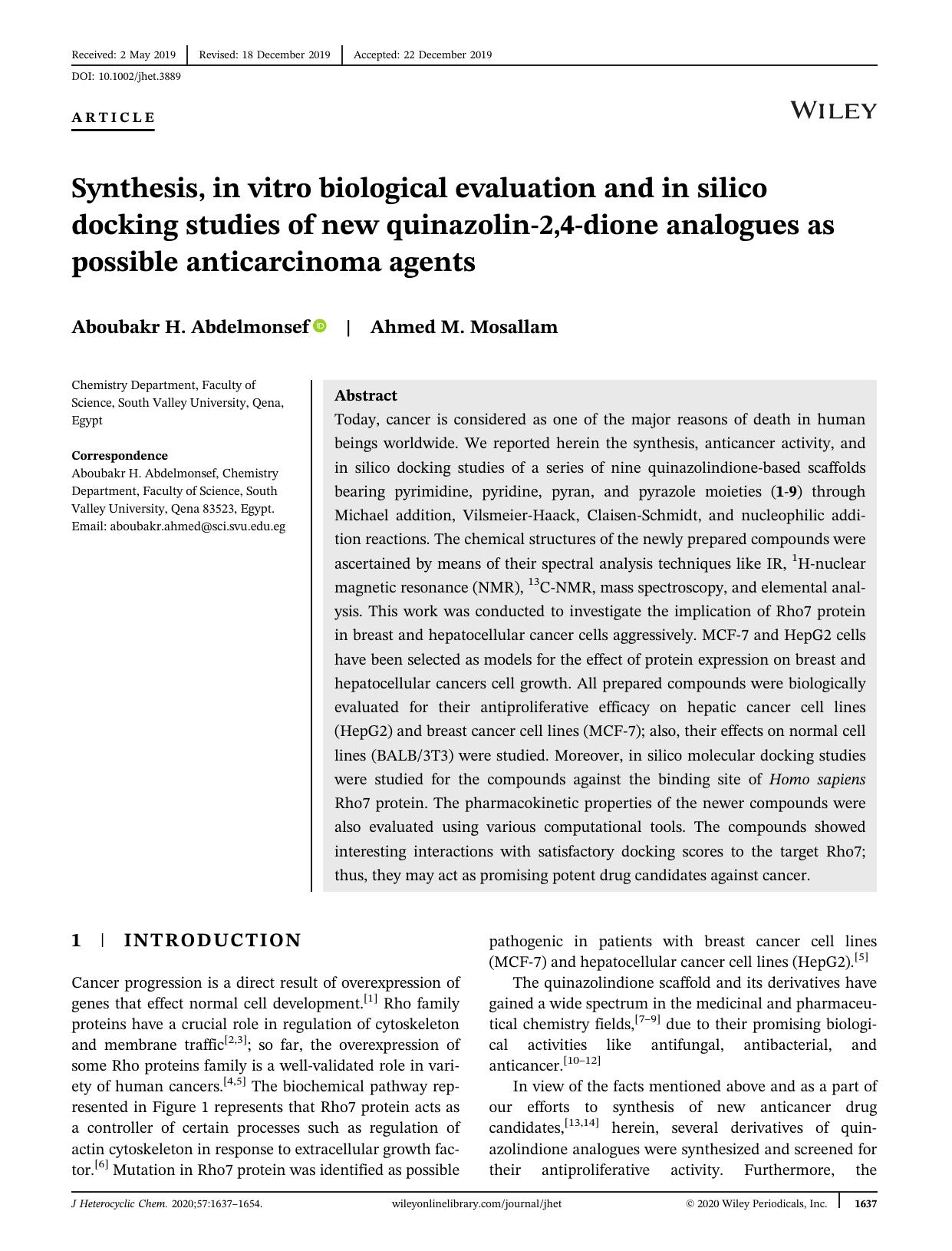 Synthesis, Invitro biological evaluation and Insilico docking studies of new Quinazolin-2,4-dione analogues as possible anticarcinoma agents by Unknown