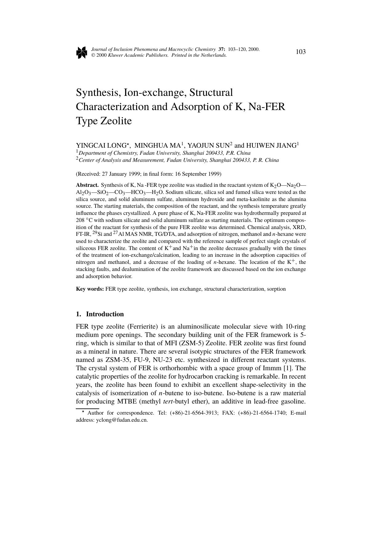 Synthesis, Ion-exchange, Structural Characterization and Adsorption of K, Na-FER Type Zeolite by Unknown