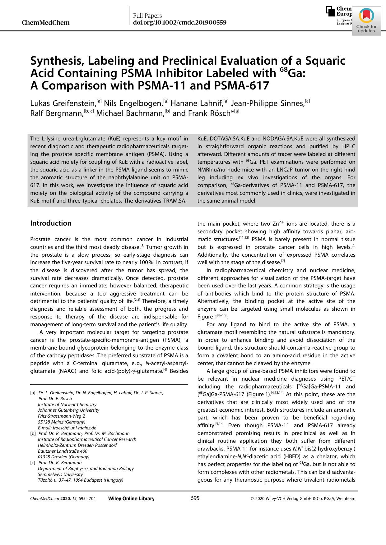 Synthesis, Labeling and Preclinical Evaluation of a Squaric Acid Containing PSMA Inhibitor Labeled with 68Ga: A Comparison with PSMAâ11 and PSMAâ617 by Unknown