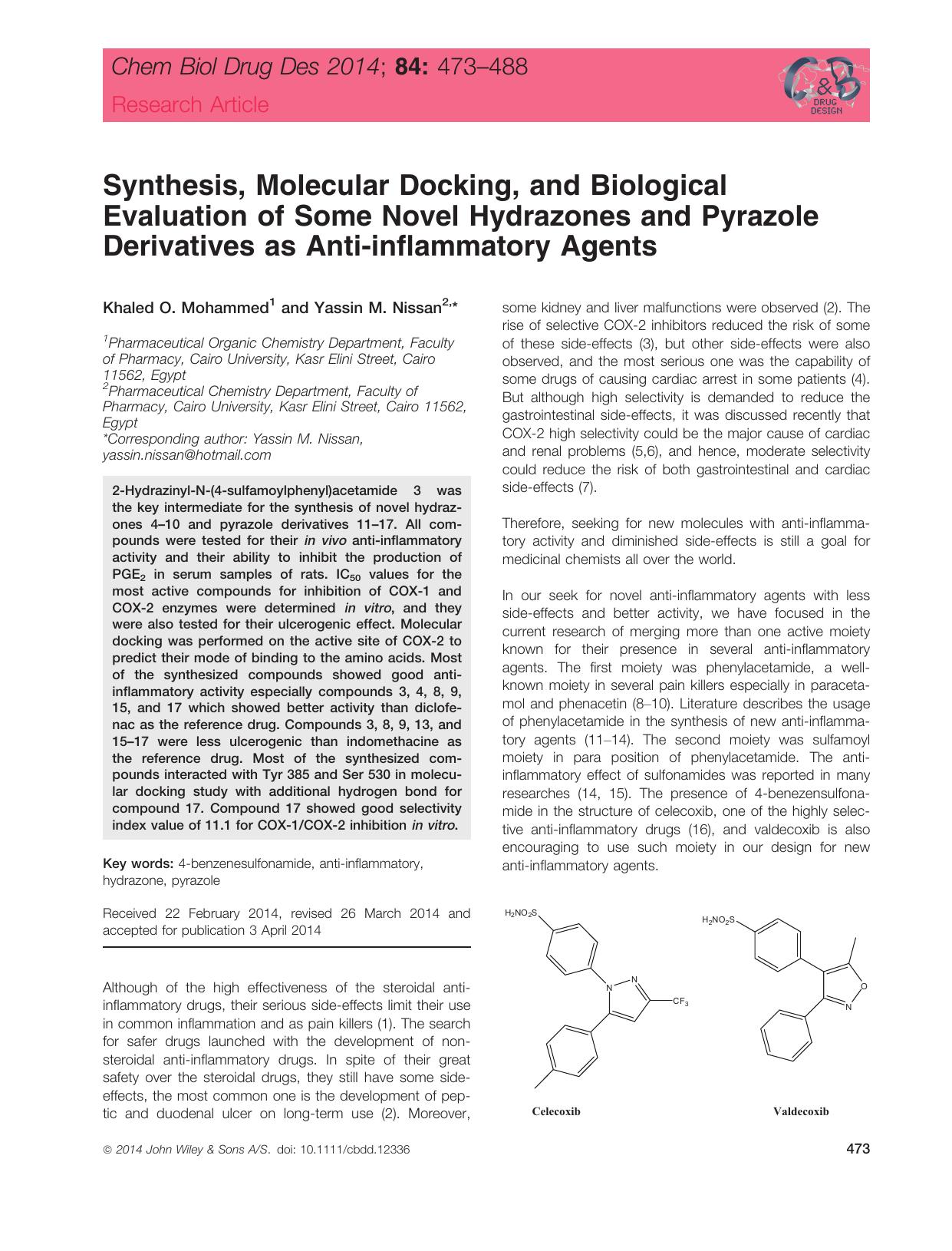 Synthesis, Molecular Docking, and Biological Evaluation of Some Novel Hydrazones and Pyrazole Derivatives as Antiinflammatory Agents by unknow