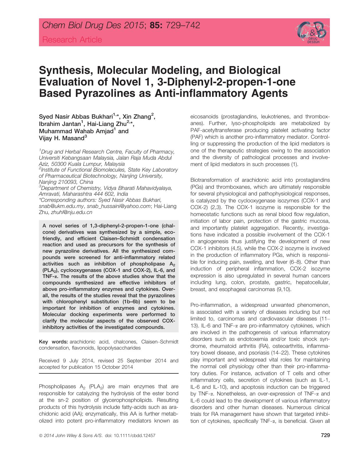 Synthesis, Molecular Modeling, and Biological Evaluation of Novel 1, 3‐Diphenyl‐2‐propen‐1‐one Based Pyrazolines as Anti‐inflammatory Agents by unknow