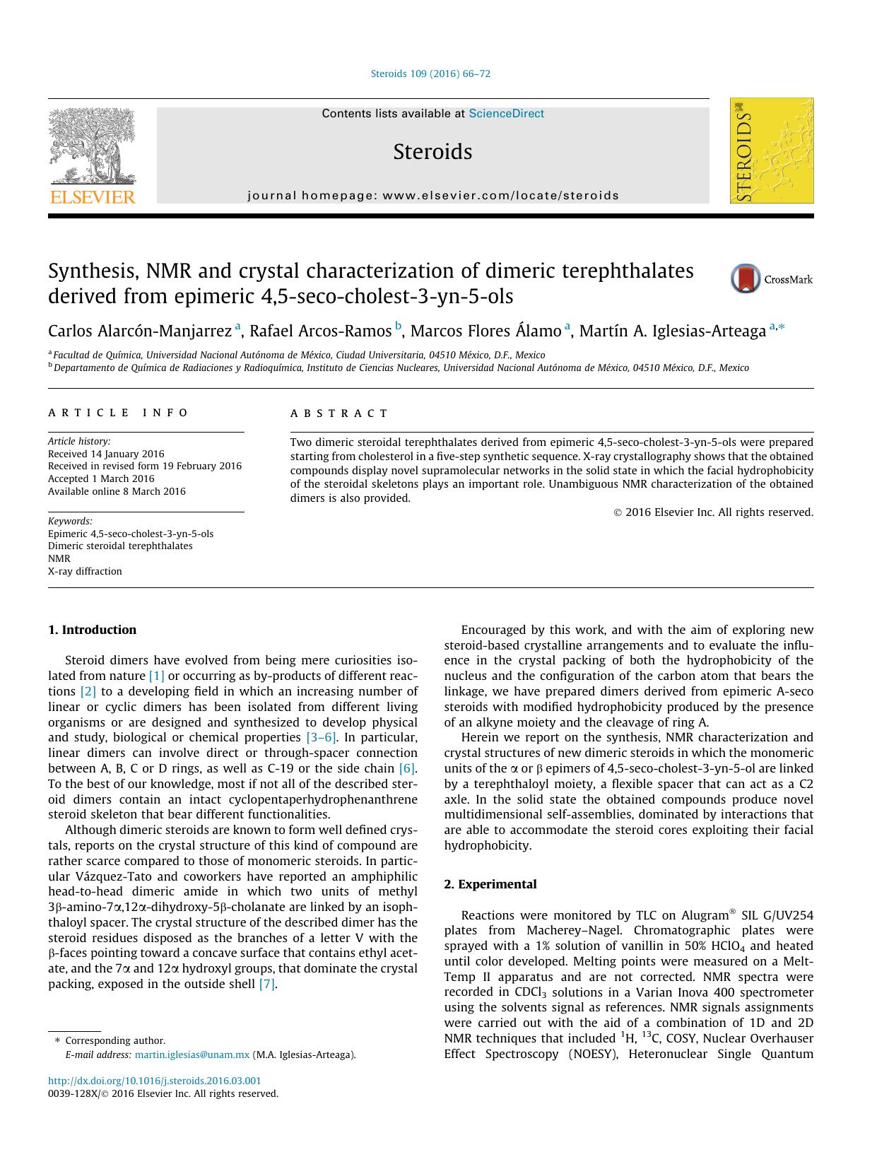 Synthesis, NMR and crystal characterization of dimeric terephthalates derived from epimeric 4,5-seco-cholest-3-yn-5-ols by unknow
