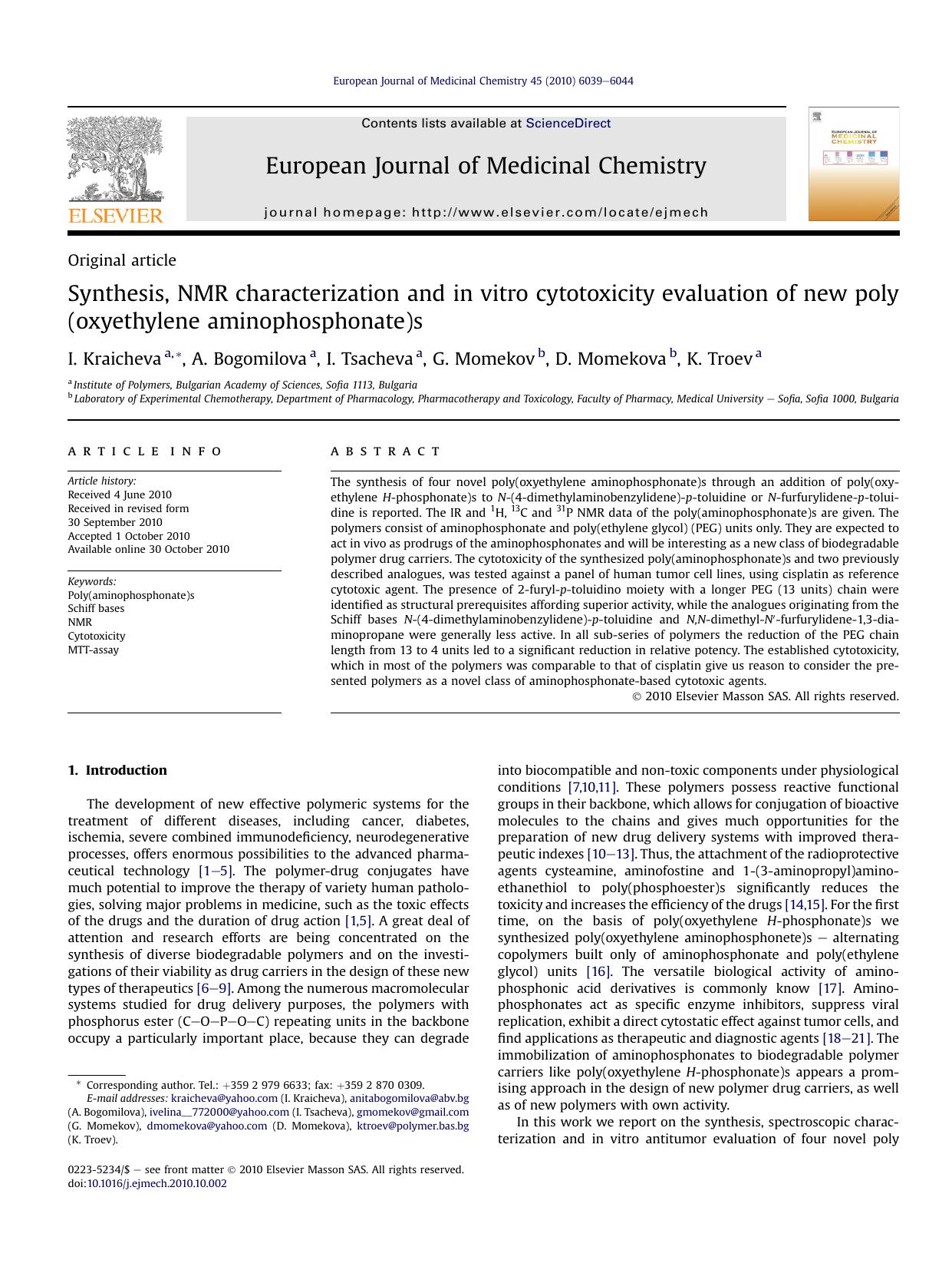 Synthesis, NMR characterization and in vitro cytotoxicity evaluation of new poly(oxyethylene aminophosphonate)s by I. Kraicheva & A. Bogomilova & I. Tsacheva & G. Momekov & D. Momekova & K. Troev