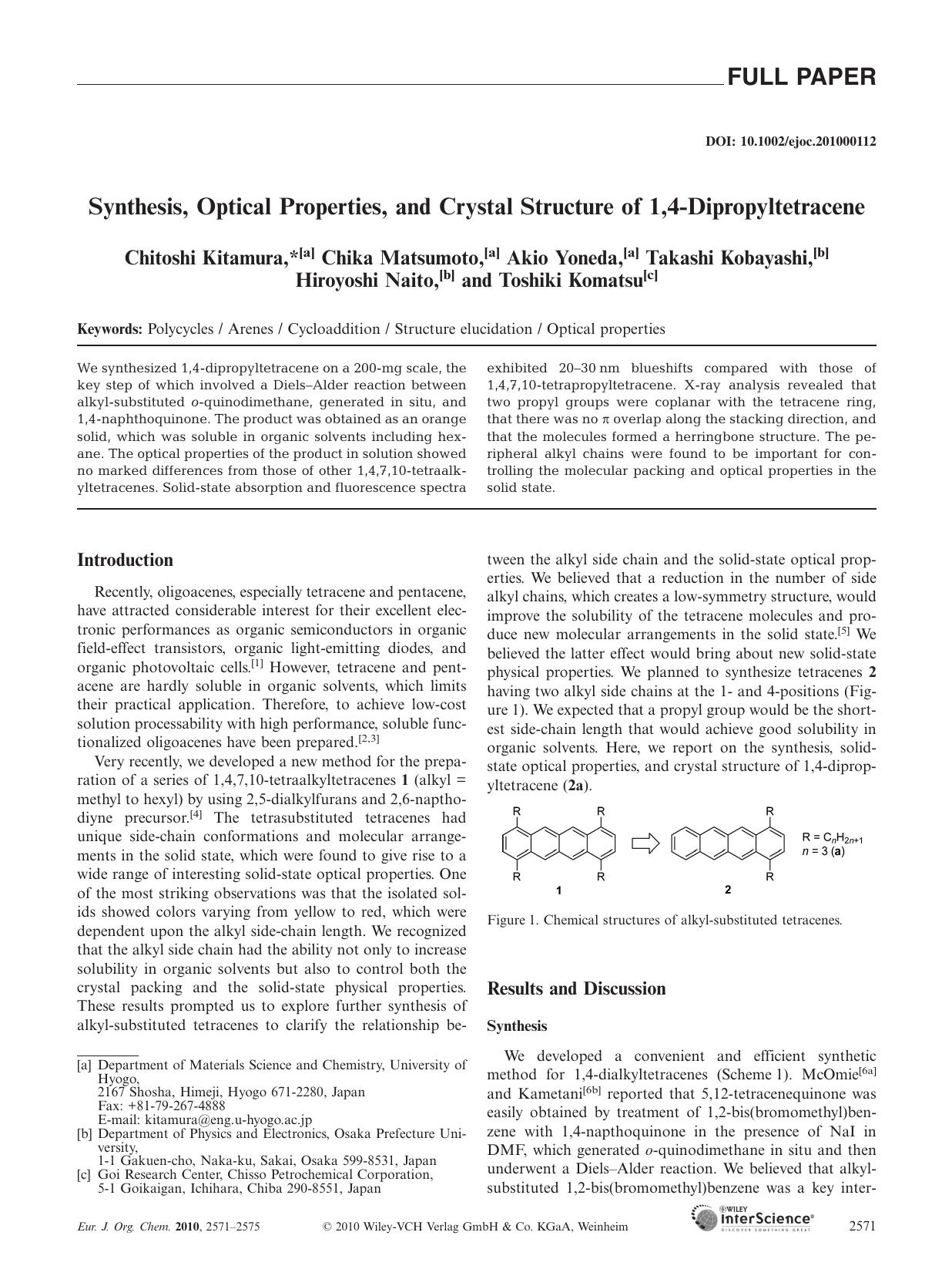 Synthesis, Optical Properties, and Crystal Structure of 1,4?Dipropyltetracene by Unknown