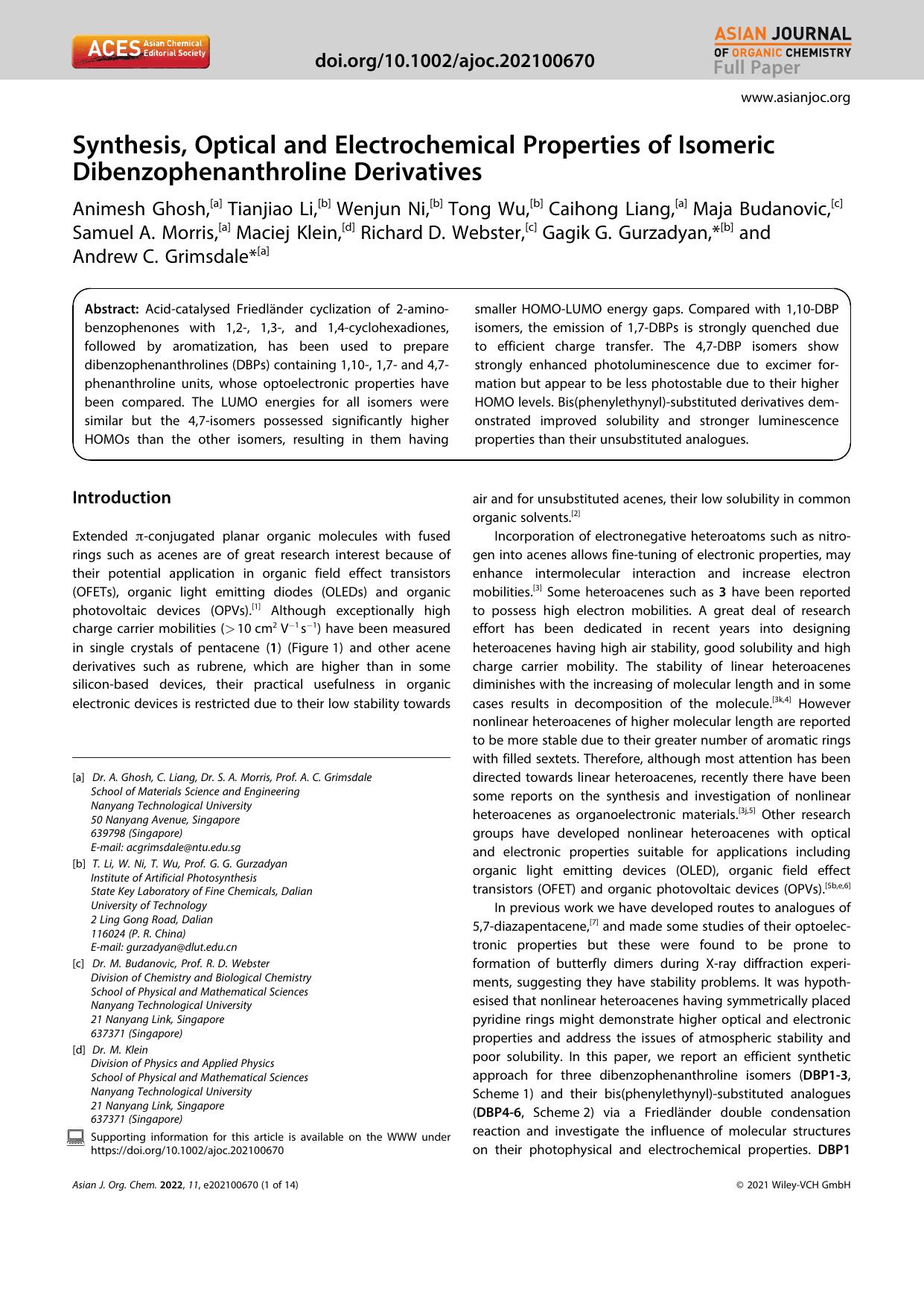 Synthesis, Optical and Electrochemical Properties of Isomeric Dibenzophenanthroline Derivatives by Unknown