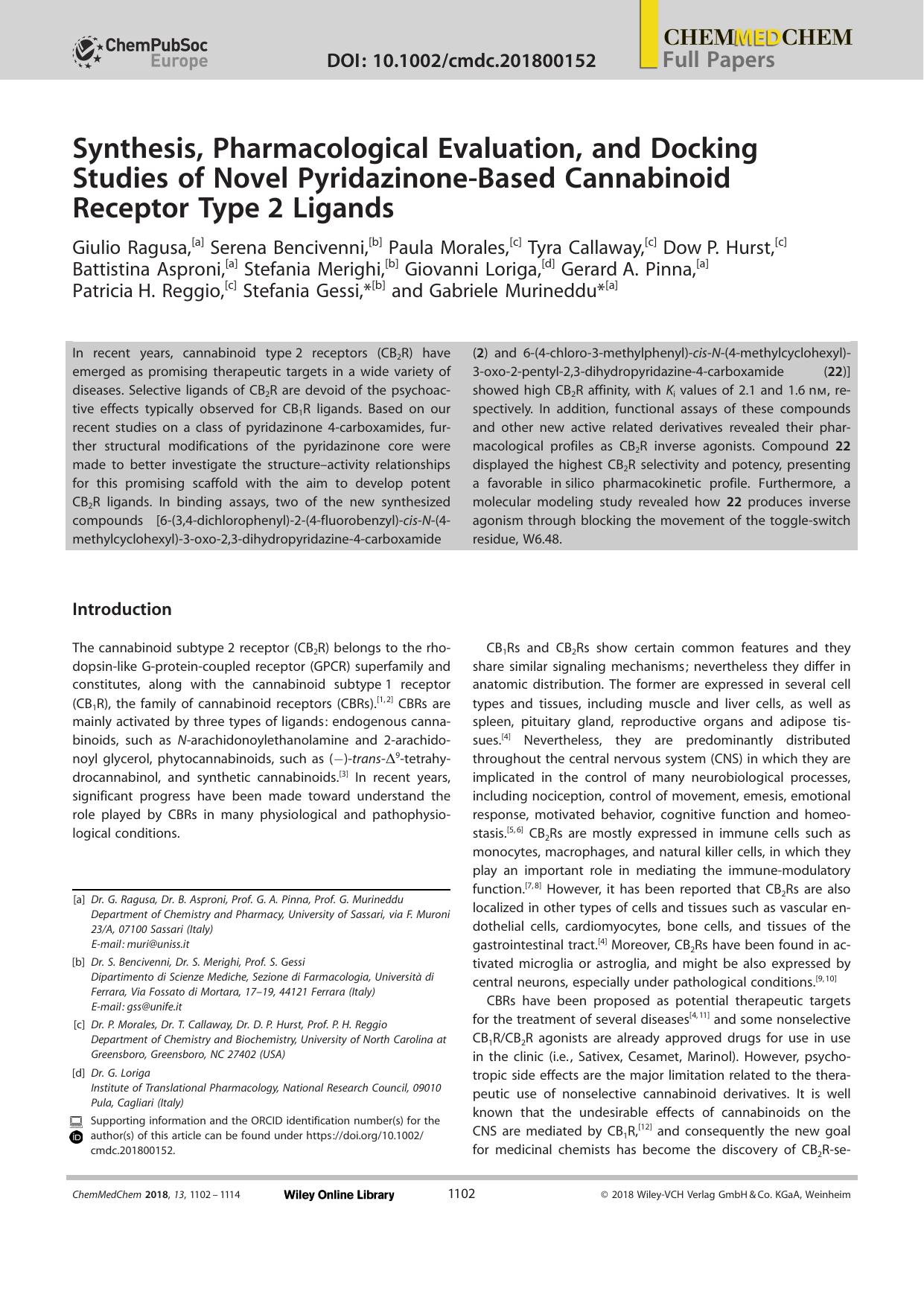 Synthesis, Pharmacological Evaluation, and Docking Studies of Novel PyridazinoneâBased Cannabinoid Receptor Typeâ2 Ligands by Unknown