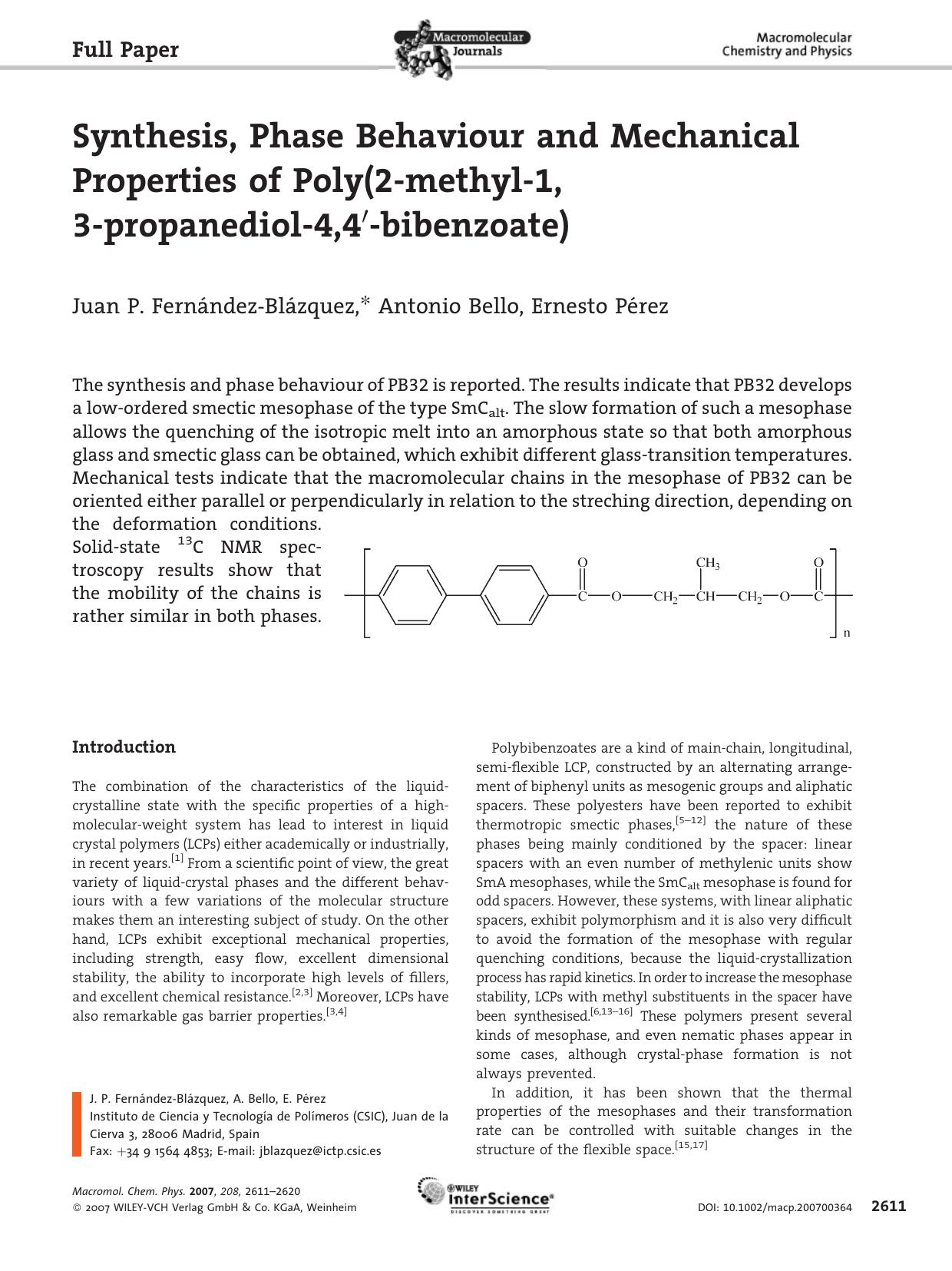 Synthesis, Phase Behaviour and Mechanical Properties of Poly(2-methyl-1,3-propanediol-4,4[prime]-bibenzoate) by Unknown