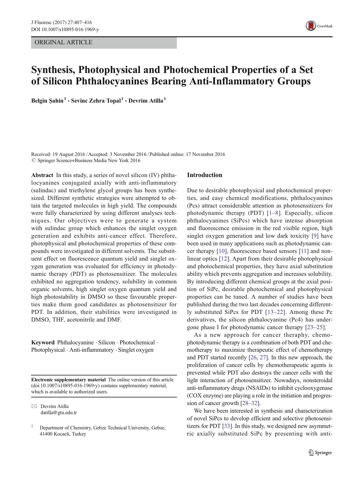 Synthesis, Photophysical and Photochemical Properties of a Set of Silicon Phthalocyanines Bearing Anti-Inflammatory Groups by Belgin Şahin & Sevinc Zehra Topal & Devrim Atilla