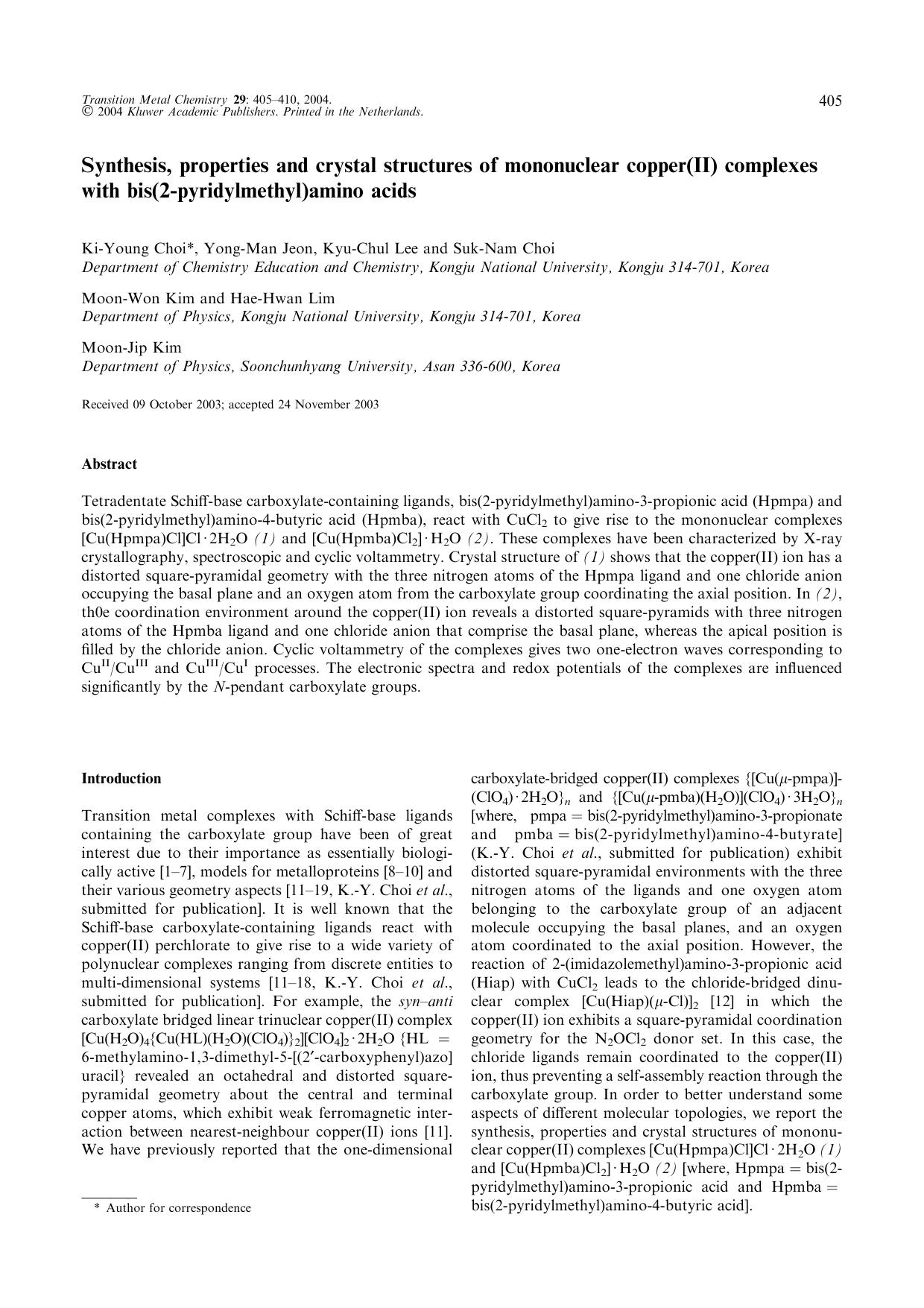 Synthesis, Properties and Crystal Structures of Mononuclear Copper(II) Complexes with Bis(2-Pyridylmethyl)Amino Acids by Unknown