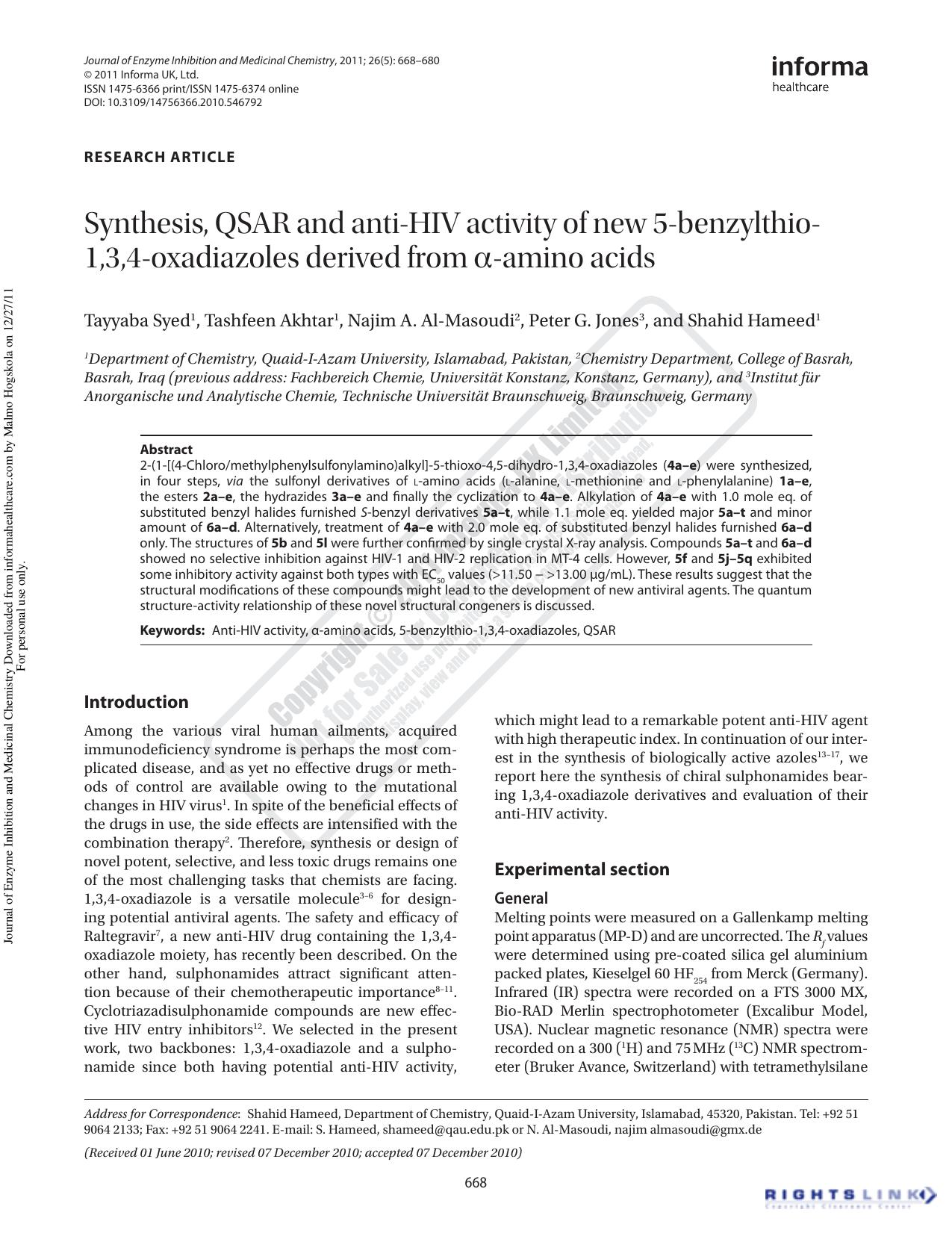 Synthesis, QSAR and anti-HIV activity of new 5-benzylthio-1,3,4-oxadiazoles derived from Î±-amino acids by unknow