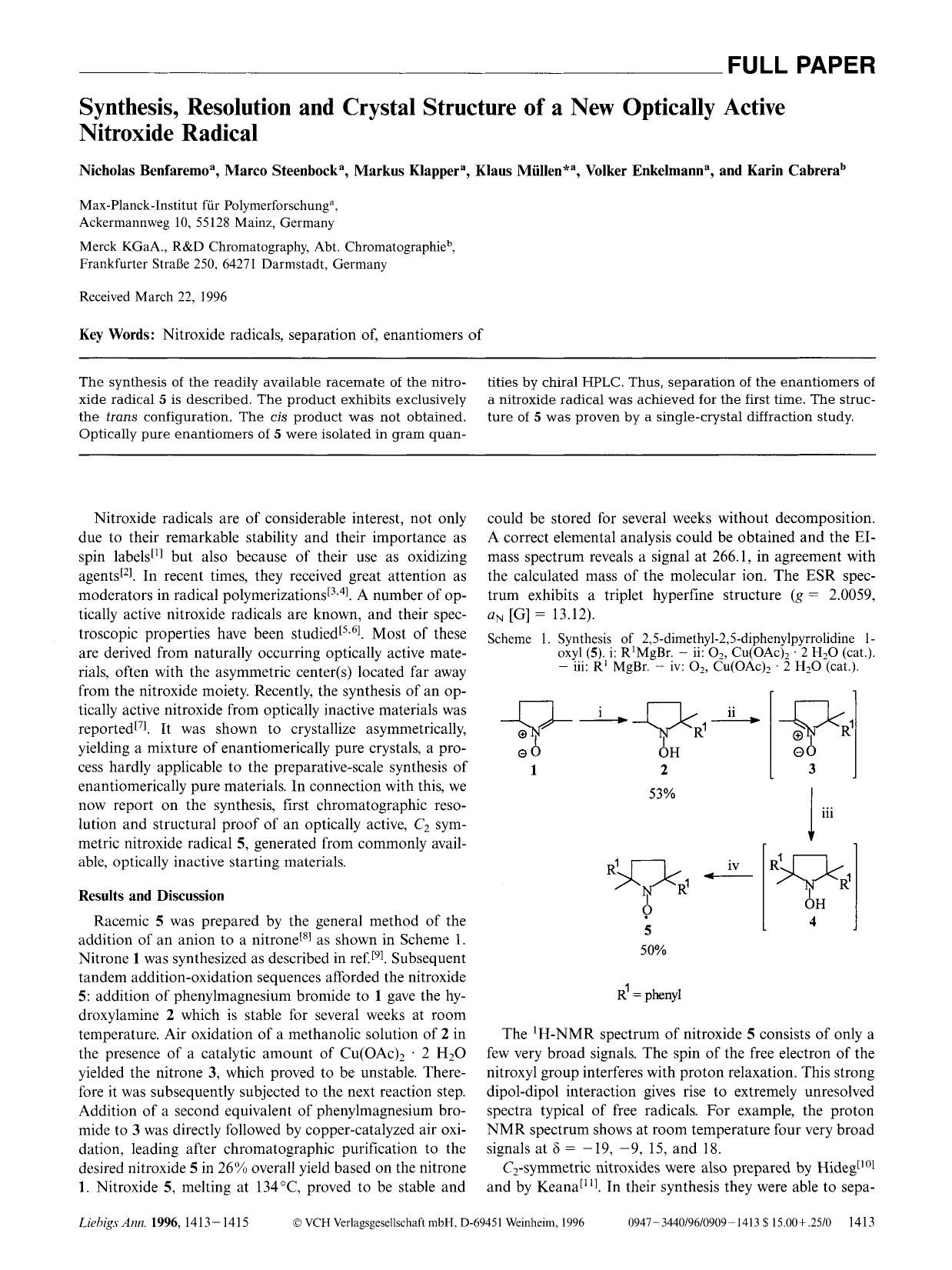 Synthesis, Resolution and Crystal Structure of a New Optically Active Nitroxide Radical by Unknown