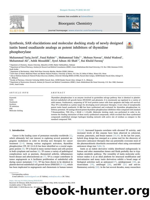 Synthesis, SAR elucidations and molecular docking study of newly designed isatin based oxadiazole analogs as potent inhibitors of thymidine phosphorylase by unknow