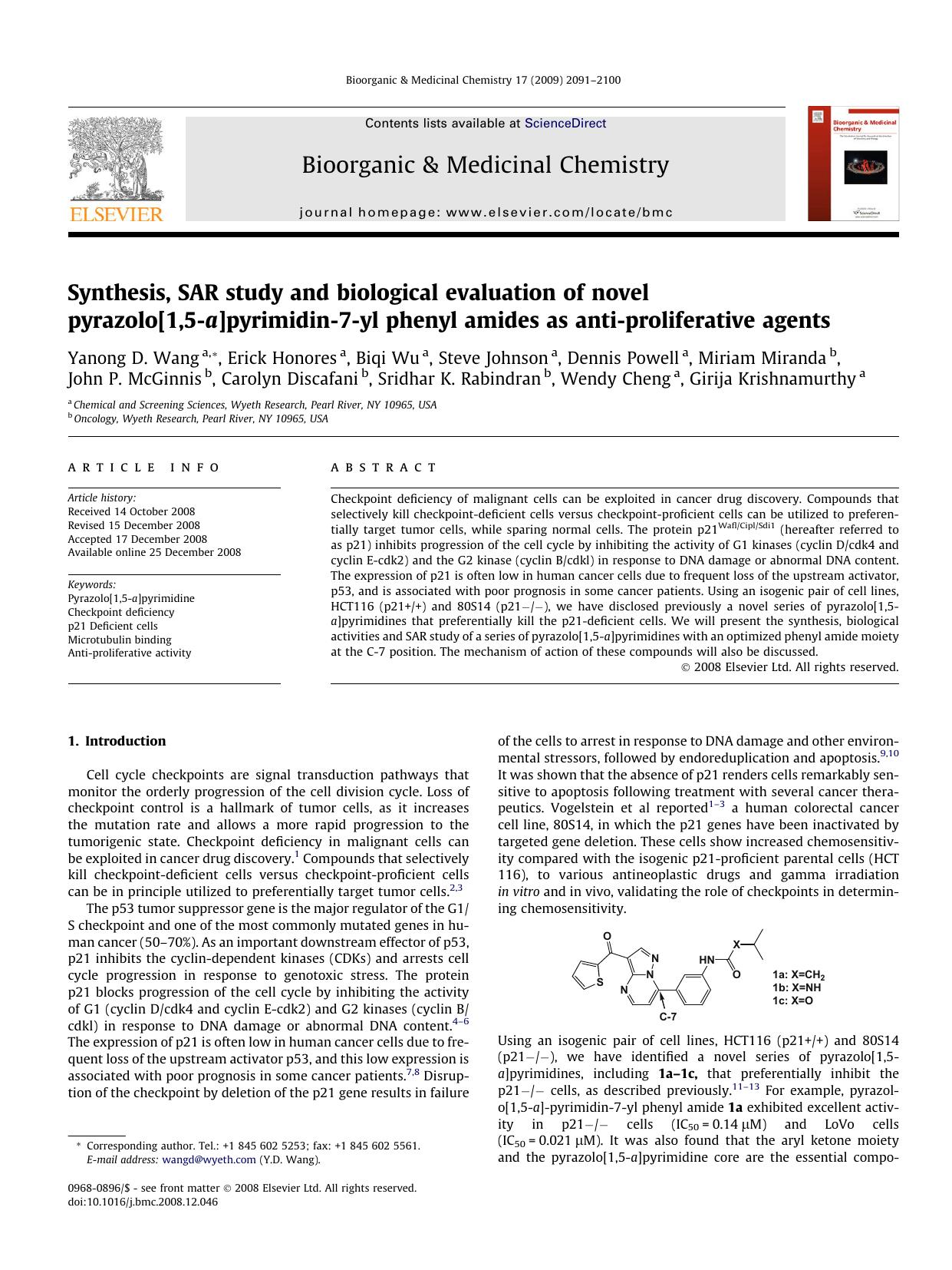 Synthesis, SAR study and biological evaluation of novel pyrazolo[1,5-a]pyrimidin-7-yl phenyl amides as anti-proliferative agents by unknow