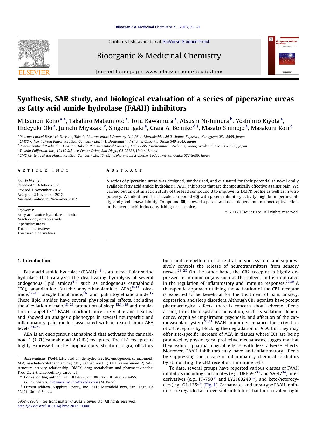 Synthesis, SAR study, and biological evaluation of a series of piperazine ureas as fatty acid amide hydrolase (FAAH) inhibitors by unknow