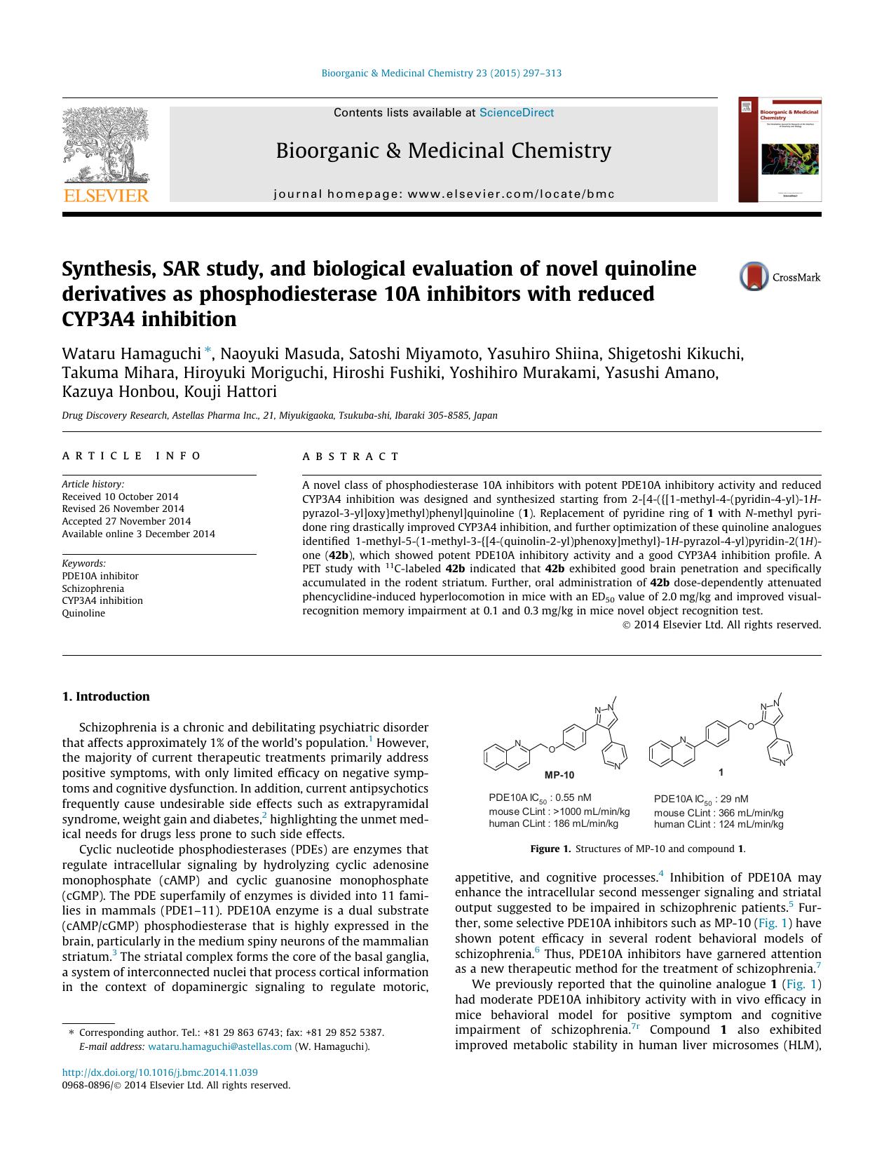 Synthesis, SAR study, and biological evaluation of novel quinoline derivatives as phosphodiesterase 10A inhibitors with reduced CYP3A4 inhibition by unknow